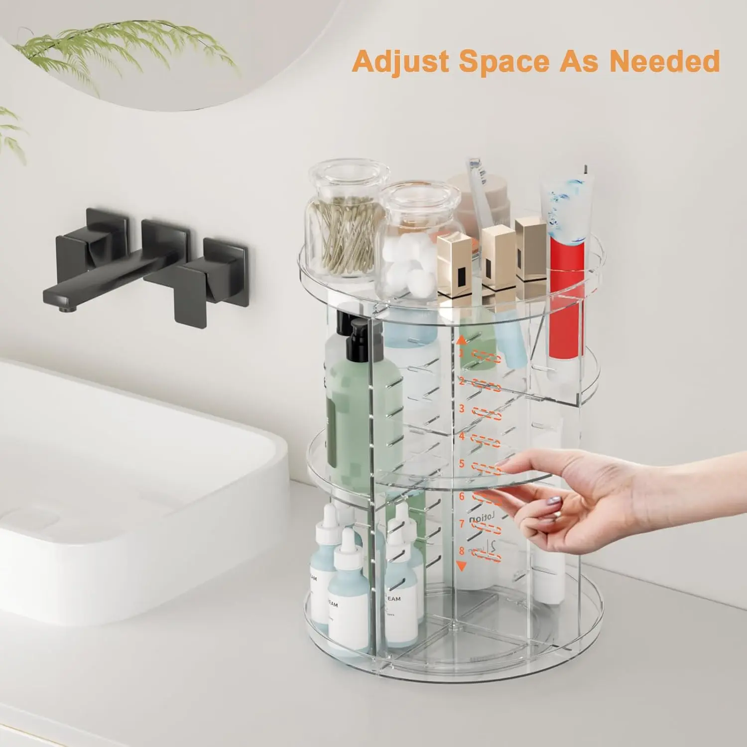 Rotating Makeup Organizer, DIY 8 Spinning Skincare, Cosmetic Display Case with Brush Holder and Perfume Tray, Multi-Function Countertop Organizer Clear