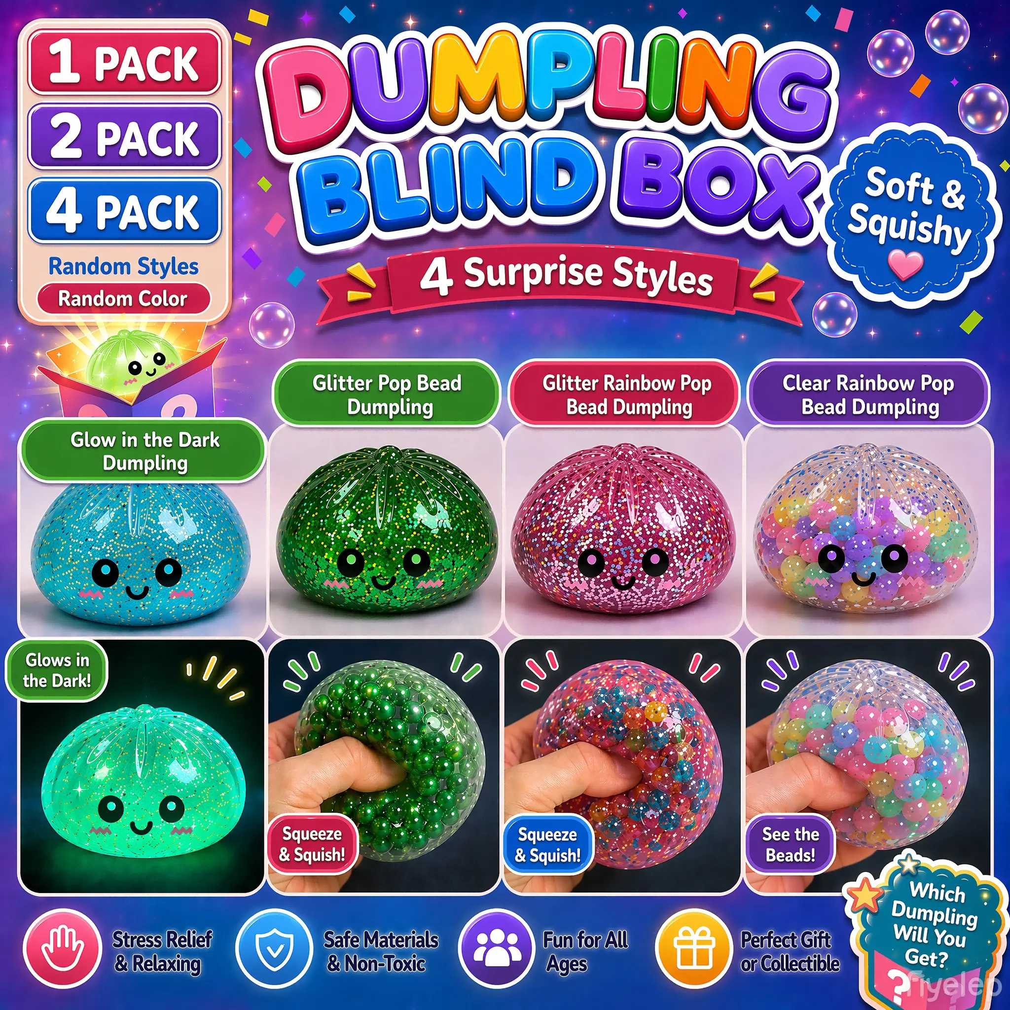Dumpling Mystery Box Surprise Pack - 4 Random Styles Including Glow in The Dark, Clear Gold Glitter Bead, Color Gold Glitter Bead & Clear Color Bead Dumplings, Squishy Sensory Stress Relief Toy, Collectible Gift, Original Dumpling Squishy Pop