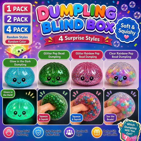Dumpling Mystery Box Surprise Pack Squishies Gift Pack - 4 Random Styles Including Glow in The Dark, Clear Gold Glitter Bead Dumplings, Sparkly Squishy Sensory Stress Relief Toy, Collectible Gift