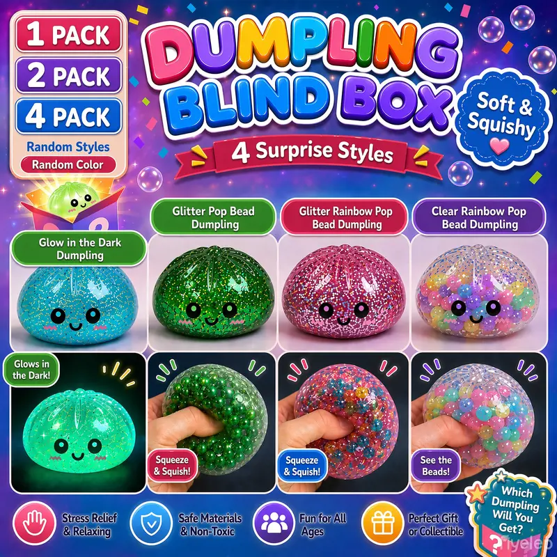 Dumpling Mystery Box Surprise Pack Squishies Gift Pack - 4 Random Styles Including Glow in The Dark, Clear Gold Glitter Bead Dumplings, Sparkly Squishy Sensory Stress Relief Toy, Collectible Gift