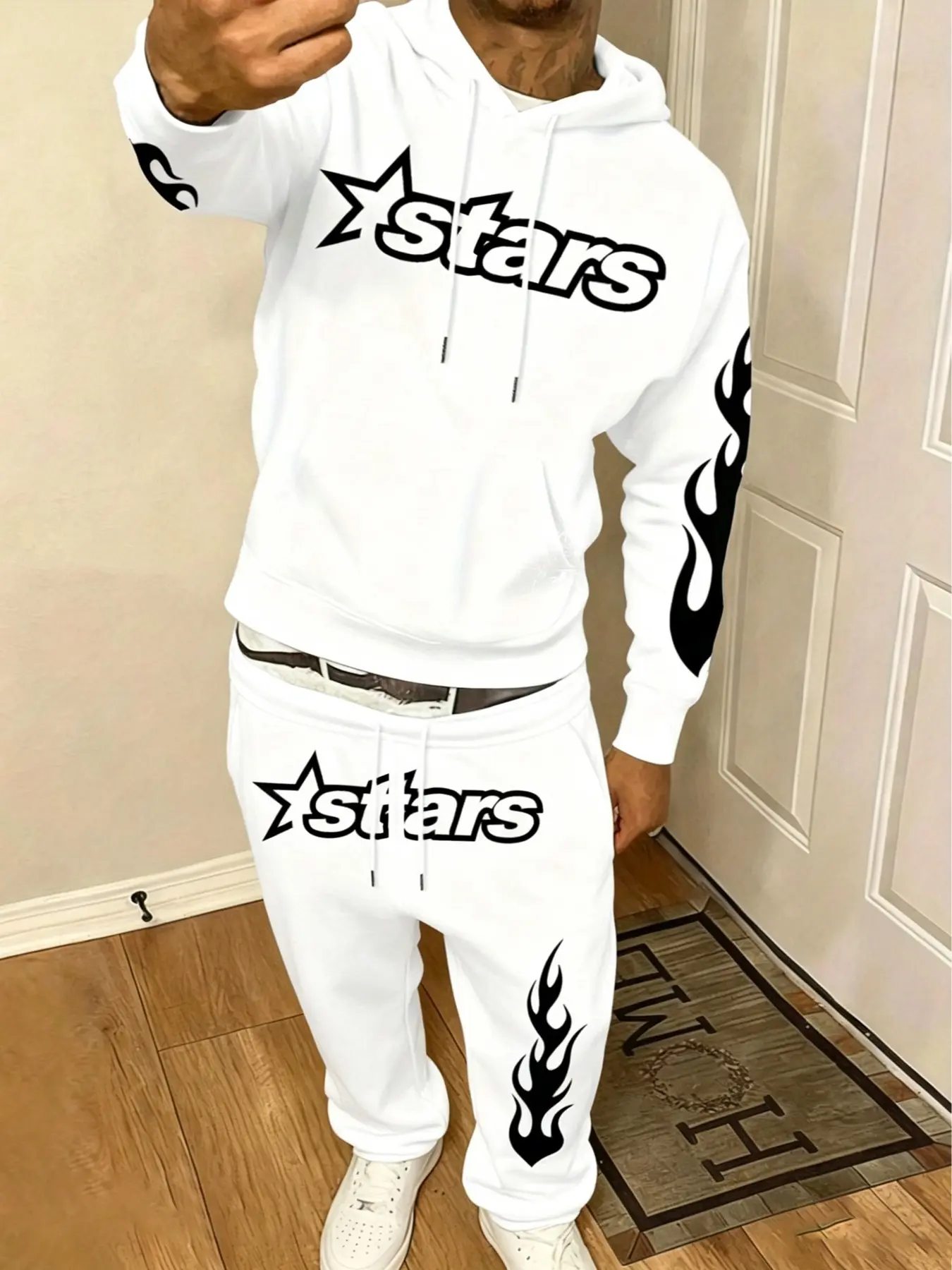 Men's Two-Piece Black-and-White Flame Print Tracksuit, Casual athletic wear, Hoodie and Jogger Pants Set. Soft Fabric, Adjustable Drawstrings, Kangaroo Pockets, Ribbed Cuffs and Hem. Loose Streetwear Style, Ideal for Hip-Ho