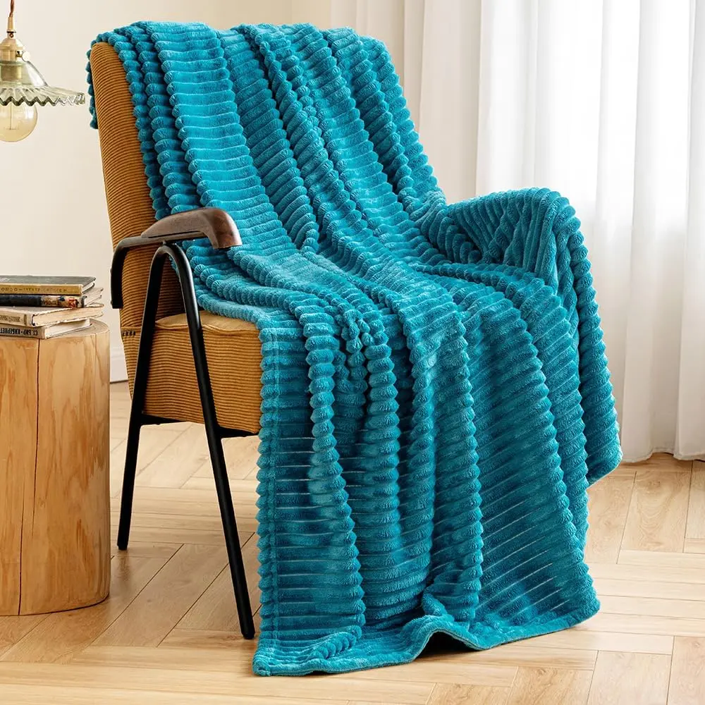 Fleece Throw Blanket for Couch 300GSM Soft Lightweight Plush Striped Blanket, Teal Blue Warm Cozy Breathable Ribbed Blanket for Bed/Sofa, Throw Size 50"x60", Turquoise