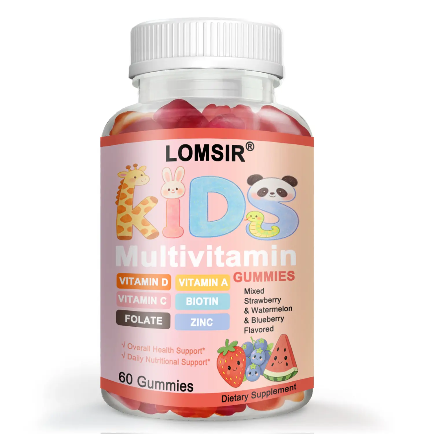 Kids Multivitamin Gummies - Blueberry & Strawberry & Watermelon Flavored Supplement with Vitamin D A C and more for Bone, Muscle & Immune Support - 60 Gummies