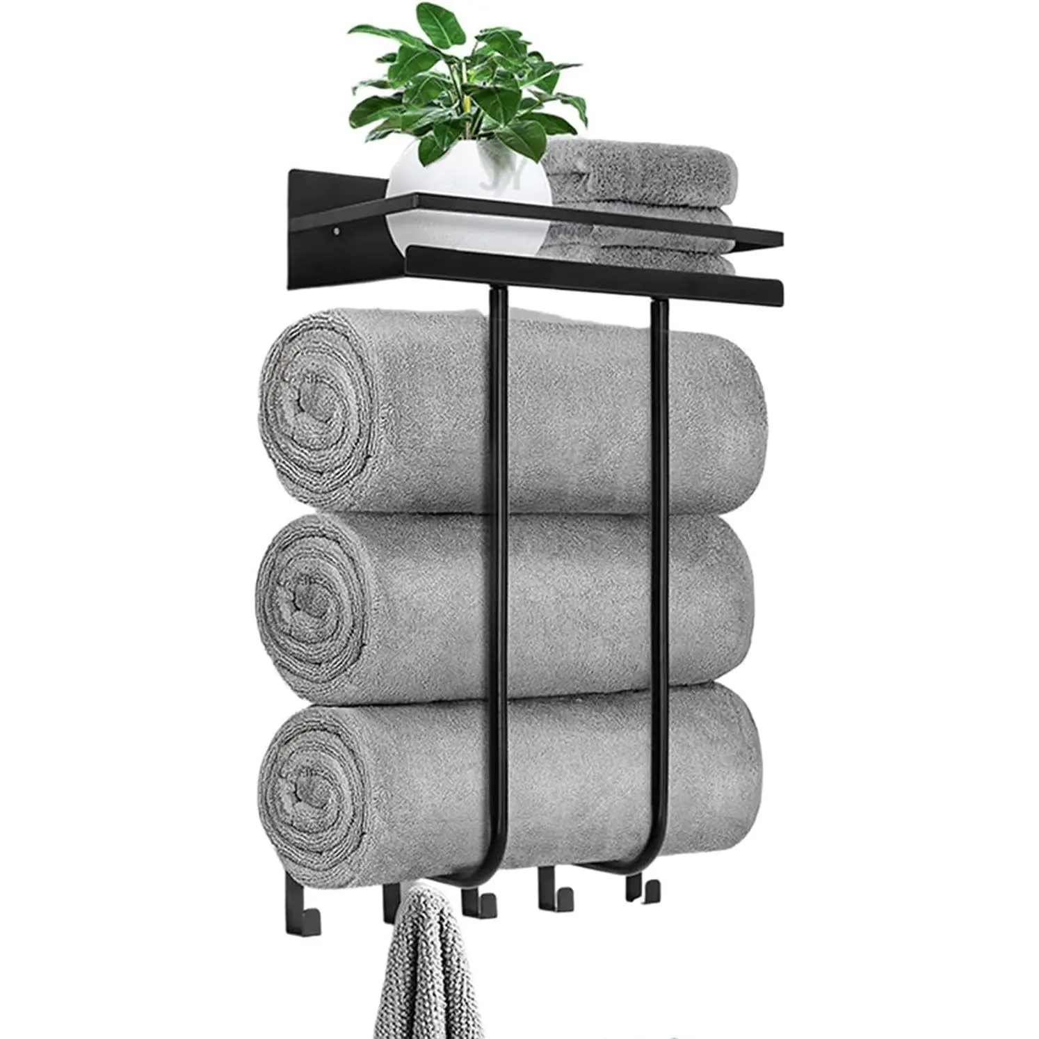 Wall Mounted Bathroom Towel Storage Rack with Shelf and 5 Hooks, Black | Holds 3 Large Towels, Stainless Steel, For Rolled Towels, For Bath Towels