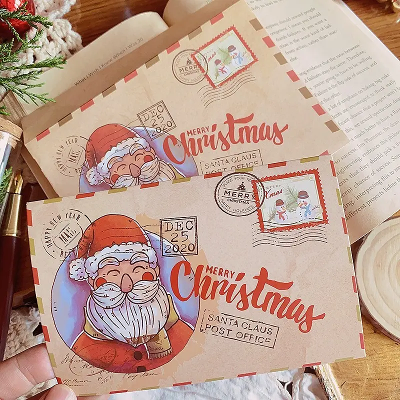 12pcs Vintage Leather Christmas Cards, Cute Cartoon Folded Greeting Cards, Envelope Set for Holidays, Includes 6 Cards + 6 Envelopes