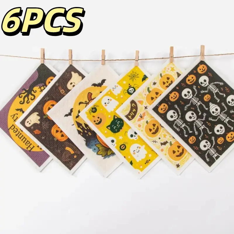 Halloween Series Printed Swedish Cloth, Thick Kitchen Dishcloth, Non-Woven Wood Pulp Cotton Cleaning Cloth, Reusable, Quick Dry, Kitchen Cleaning Cloths