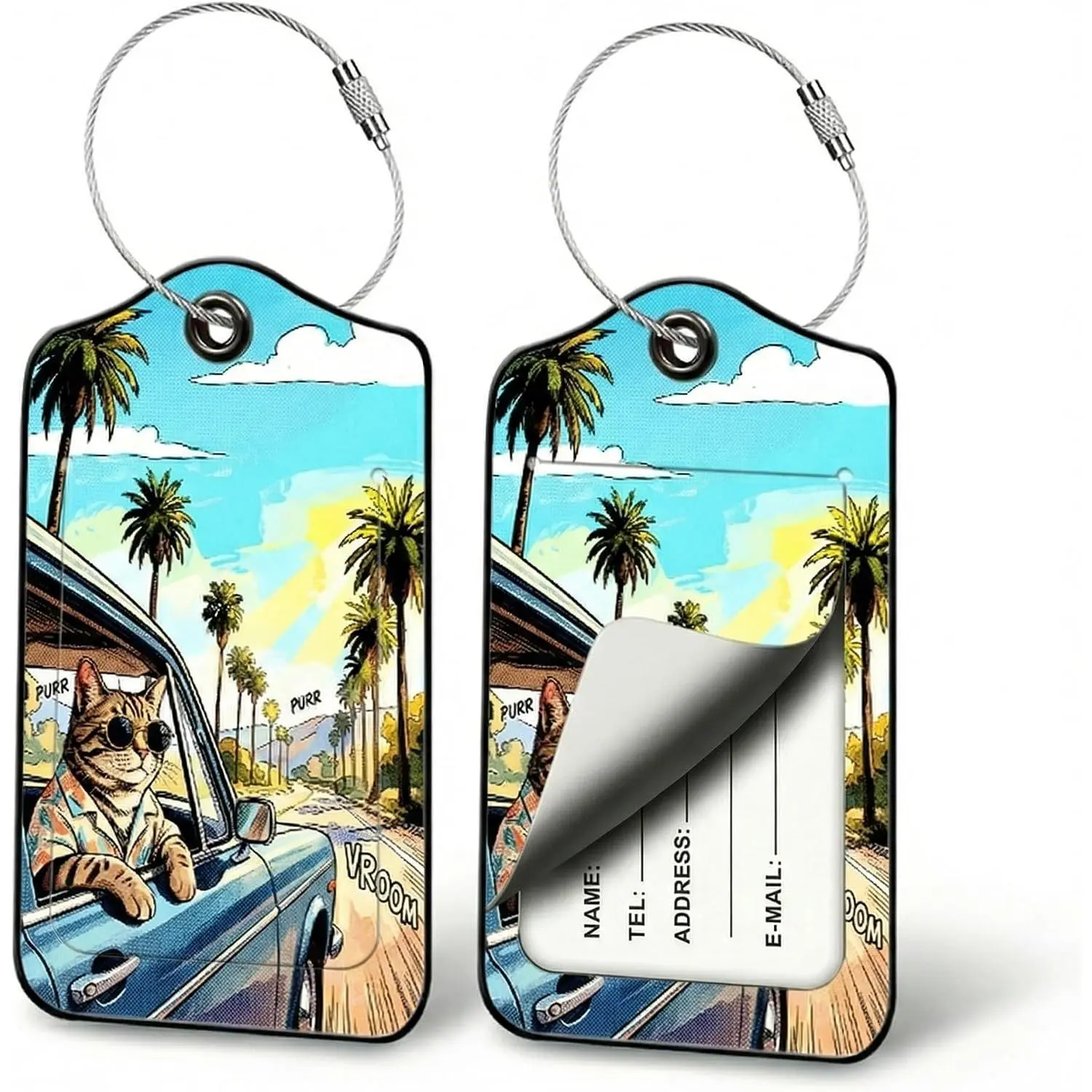 Comic  Luggage Tags for Suitcases, 2 Pack PU Leather Bag Tags |  flap  address card, steel wire loop fits daily , sketch bags, school packs,  duffels and  lovers