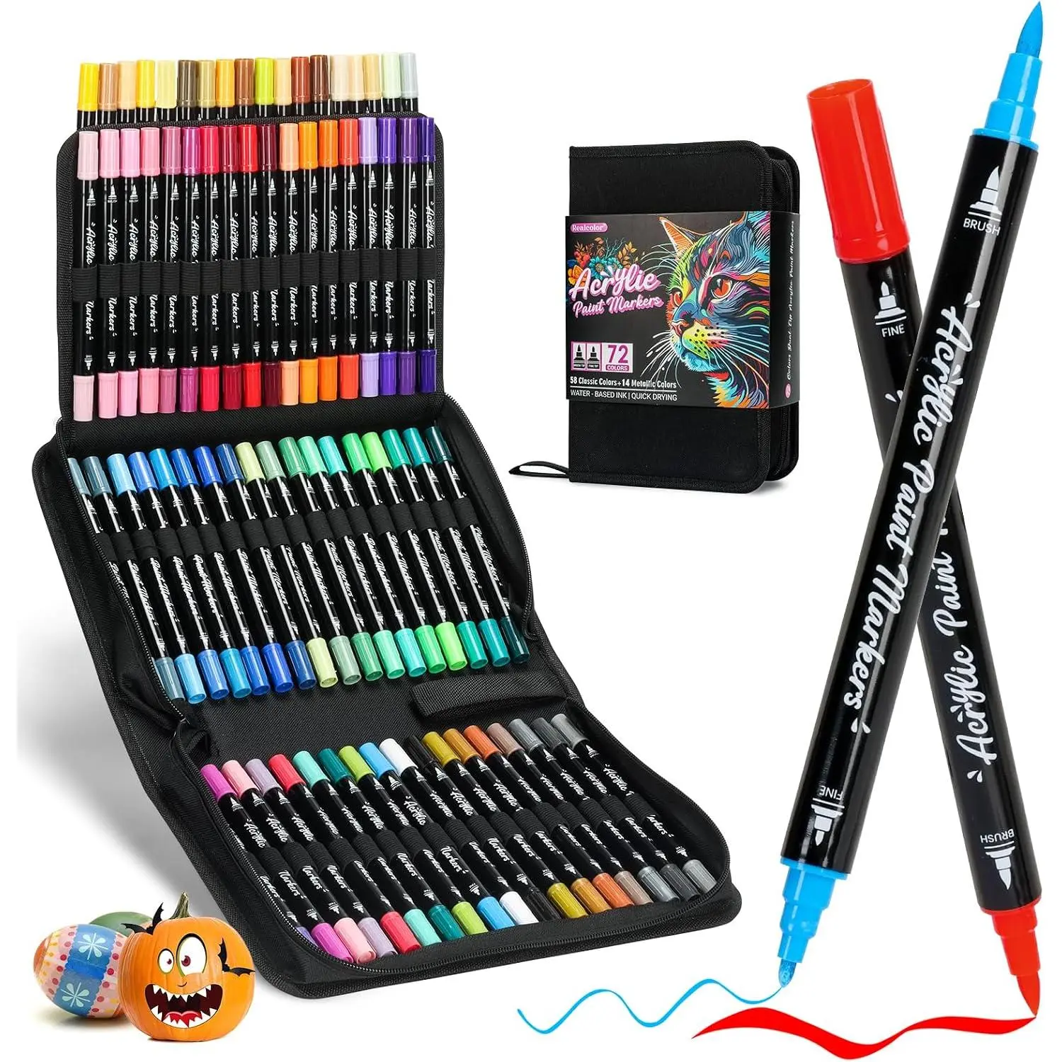72-Color Dual-Tip Markers with Brush & Fine Tips - Painting Tools for Rock, Glass, Ceramic, Canvas - Ideal for Artists/Crafts, DIY Projects, Brush Tips