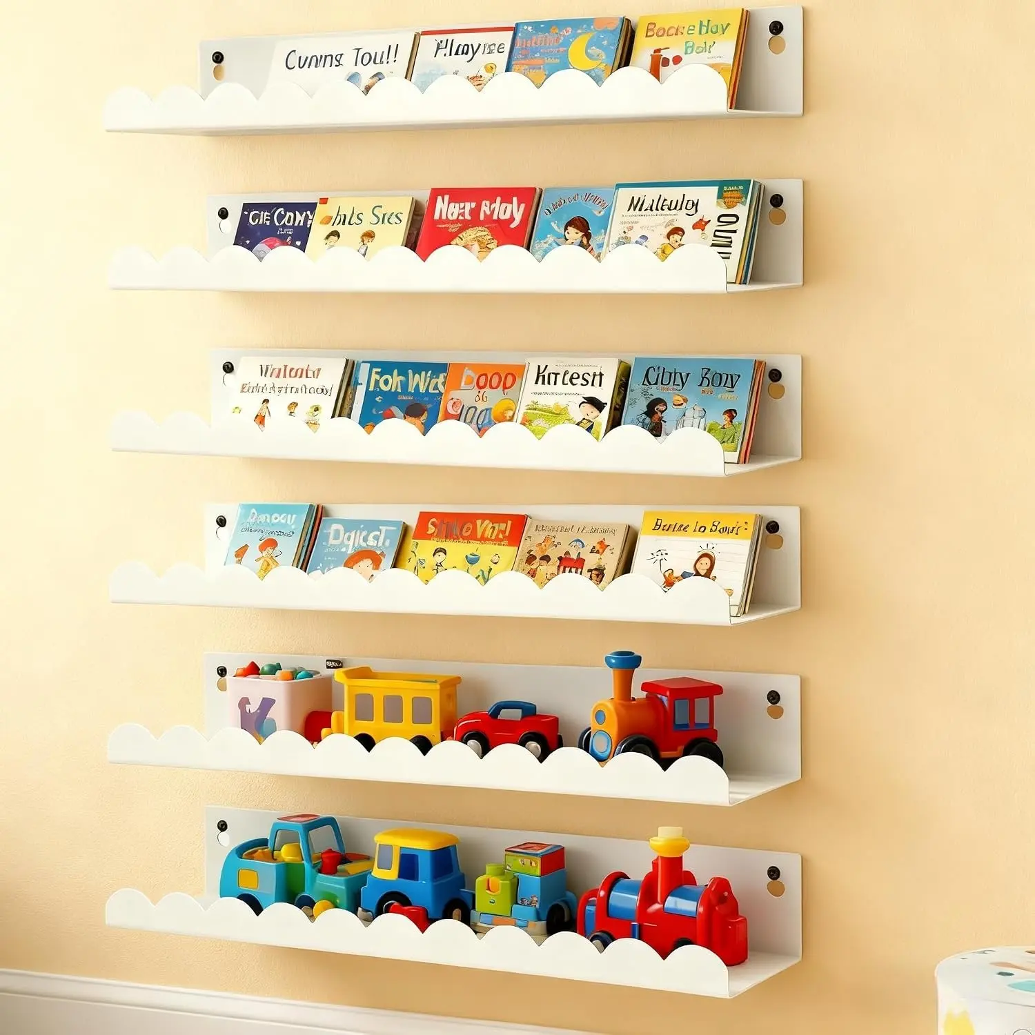 Nursery Book Shelves Set of 6, 16 Inch White Floating Shelves for Wall | Metal Scalloped Book Shelf for Kids Room, Bathroom, Bedroom, Playroom Wall Decor & Storage