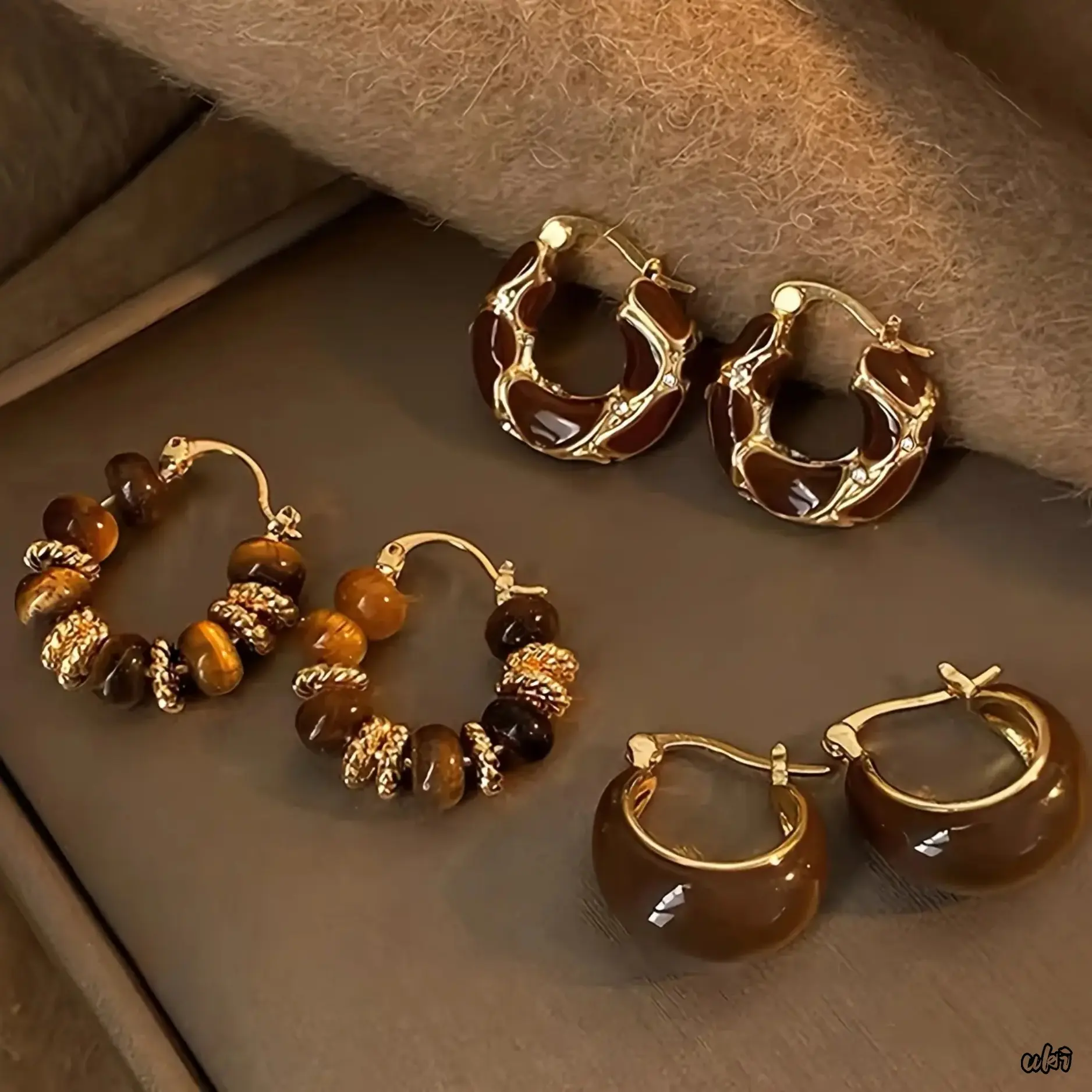 Women's Beaded Earrings Set - Retro Elegant High-End Amber Beads, Geometric Design, Suitable for Daily and Party Wear