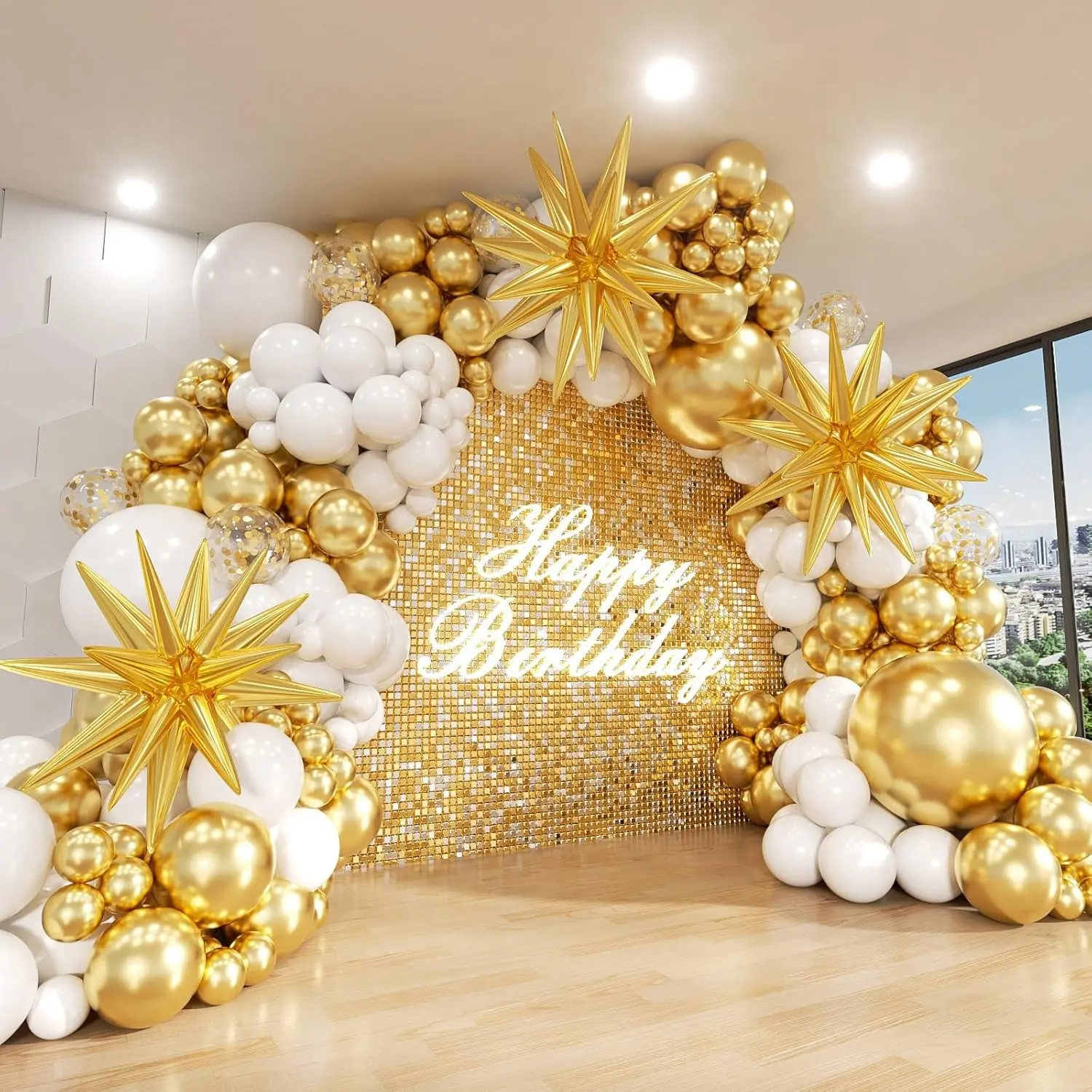 and Gold Balloon Arch Kit, 146 Pieces Explosion Star Latex Balloons, Various Sizes for Birthday Party Decorations