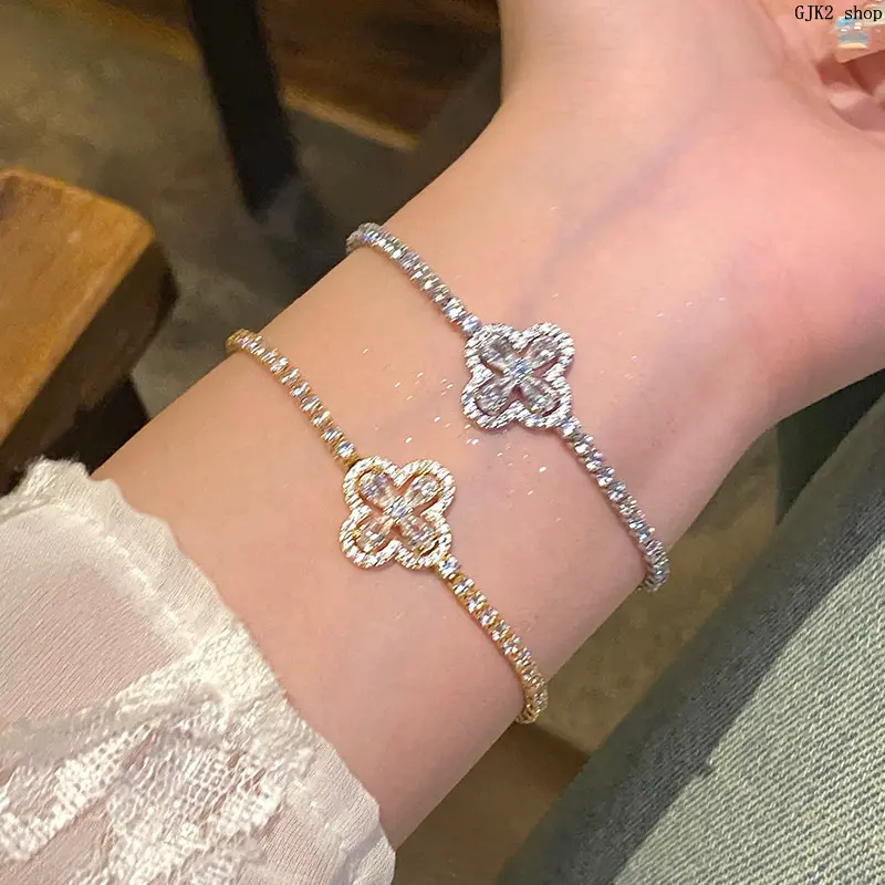Shiny Zircon Four Leaf Clover Adjustable Bracelet Gold Silver Women Stack Jewelry