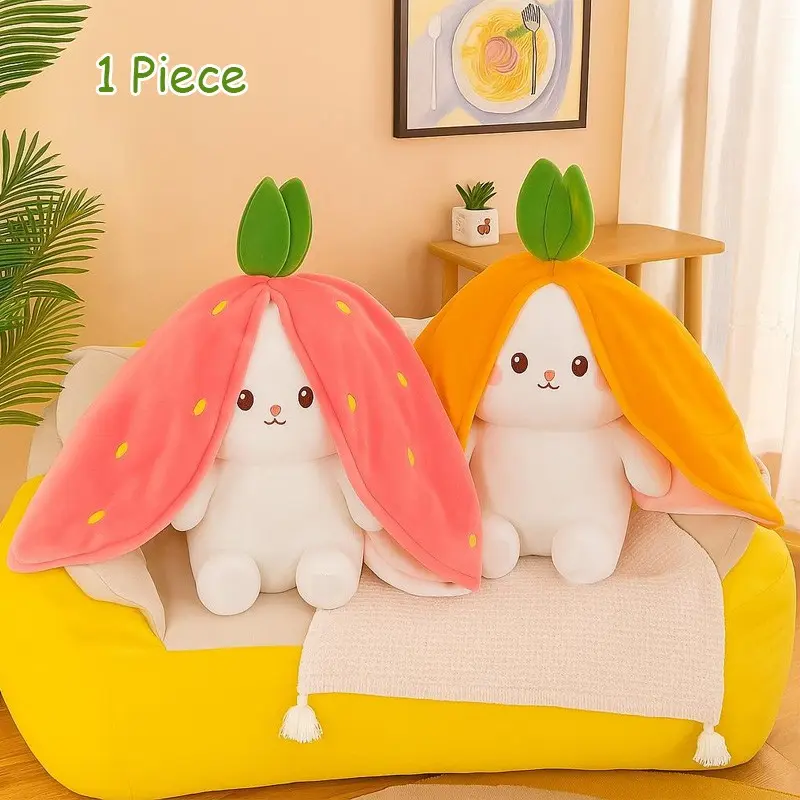 🍓 Surprise Inside!｜Cute Kawaii Stuffed Animal for Kids & Fans｜Birthday Gift｜Reversible Strawberry Rabbit Plushie｜Zippered Hide-and-Seek Bunny Toy