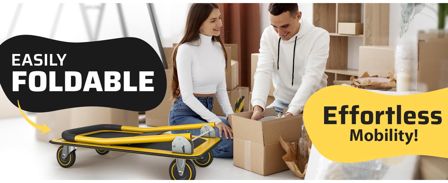 Heavy Duty Foldable Push Cart Dolly |   330 lbs. Capacity |   Upgraded Collapsible Hand Truck Folding Platform with Swivel Wheels |   Flat Bed Moving Wagon |   Space Saving Push Handle (Blue)