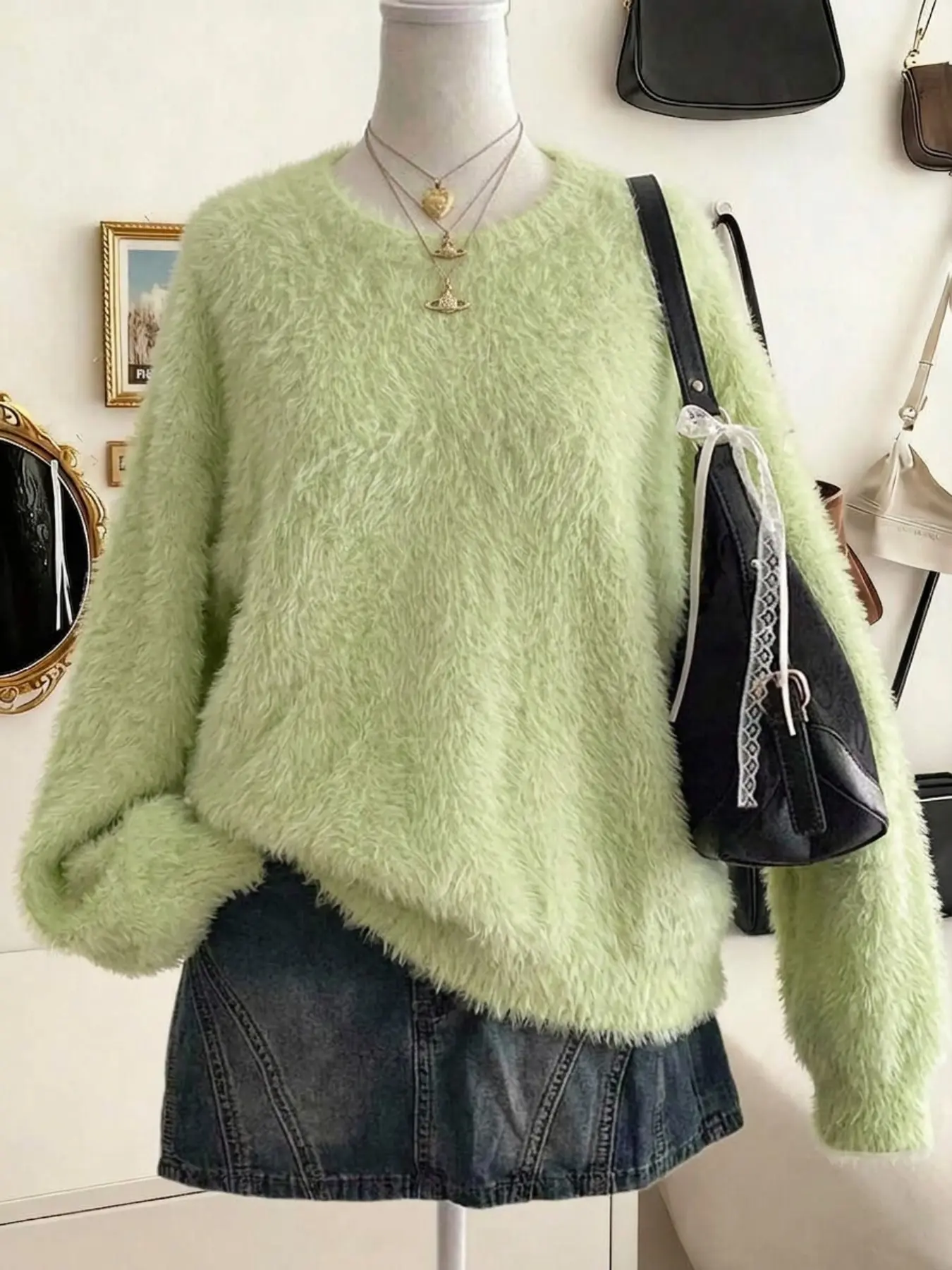 Women's Light Mink-Like Velvet Crew Neck Sweater, Soft Plush Loose Fit Knit Top, Casual Fall & Winter Fashion, Batch 202604