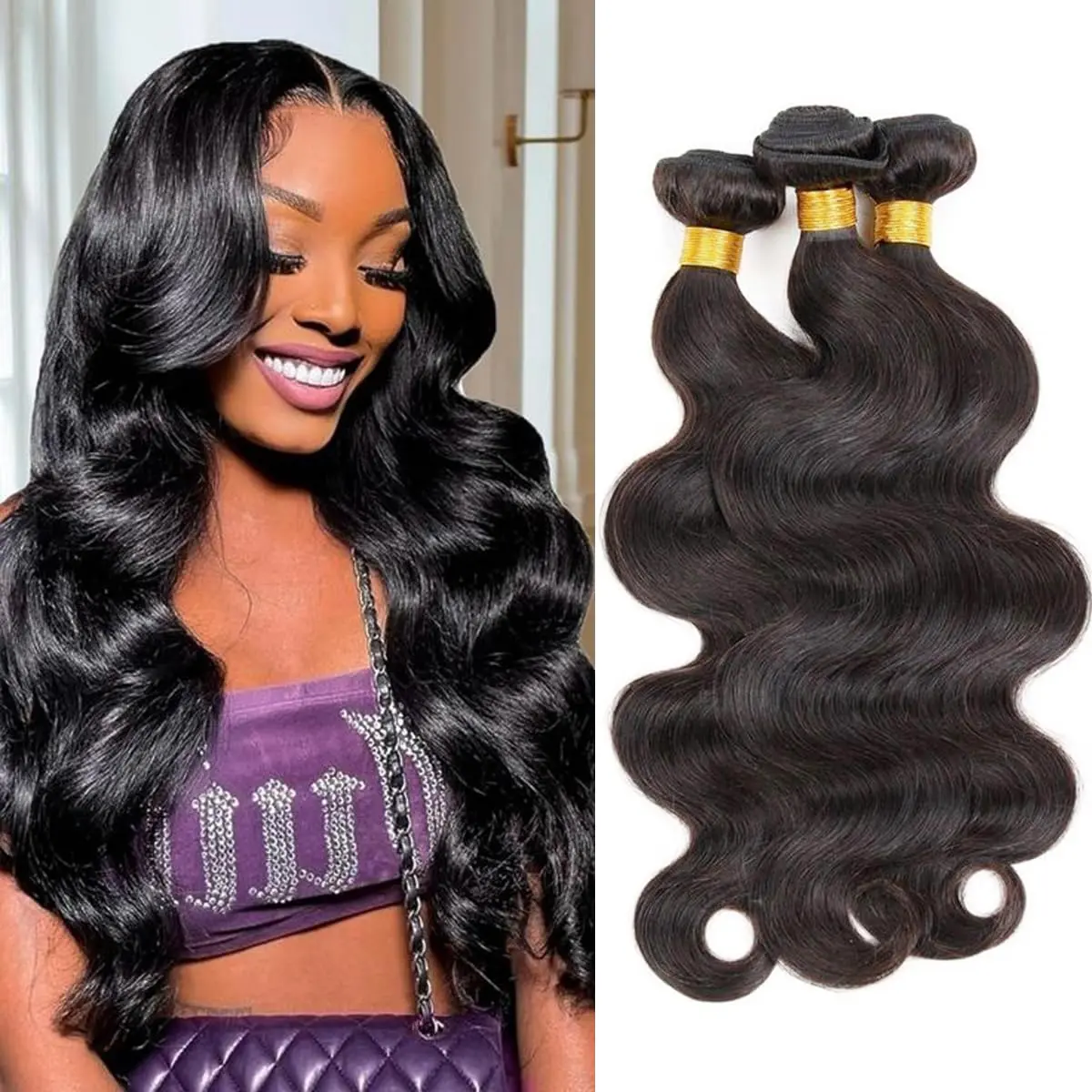 Women's Virgin Human Hair Bundles - Natural Black Straight, Body Wave Bundles, Deep Wave - Soft Full-Volume Thick Wefts for Sew-In, Quick Weaves, Wedding Use