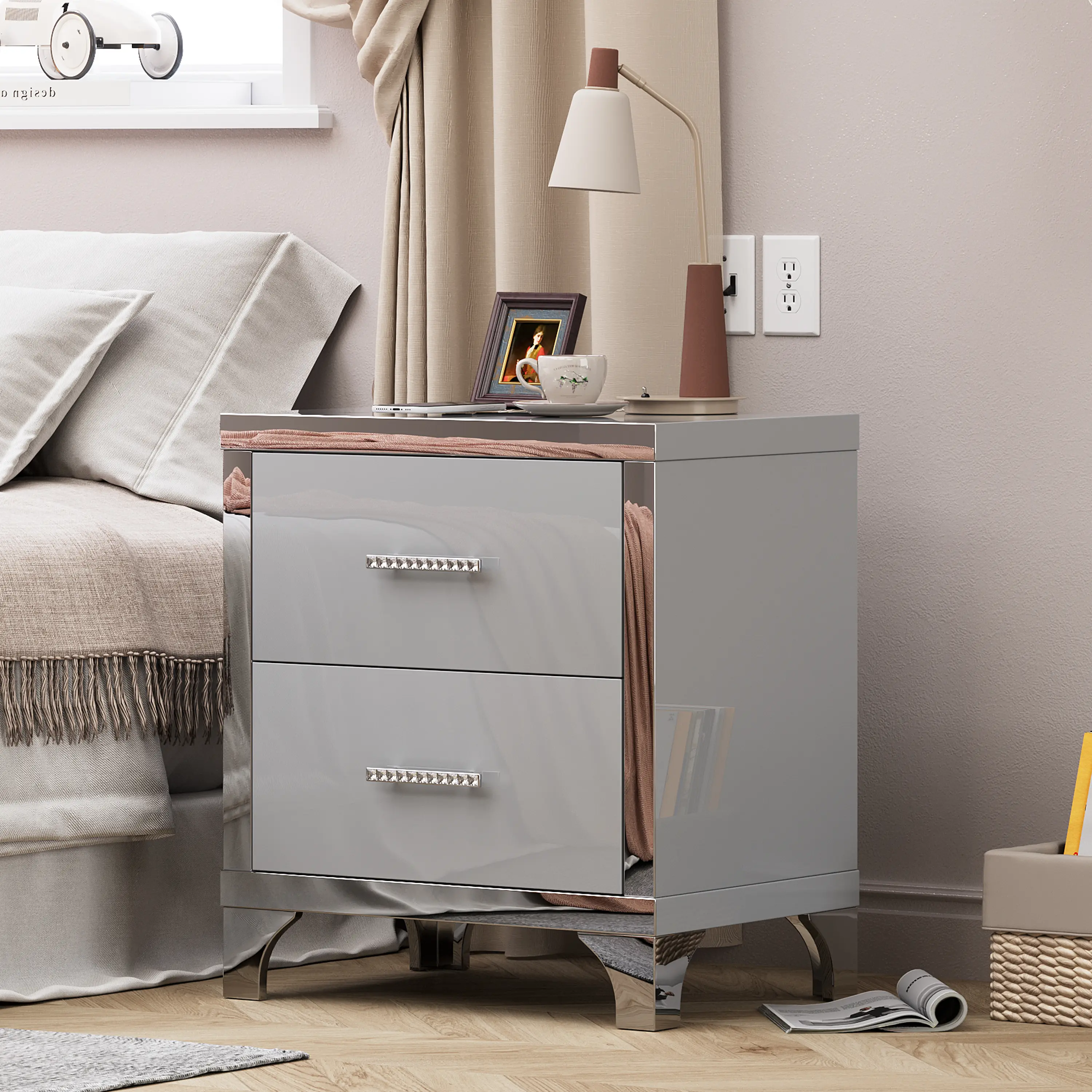 Grey Modern Mirrored Top Nightstand - ARCH High Gloss 2-Drawer Bedroom Bedside Table, Grey MDF+Metal End Table with Crystal Bar Handles, Silent Slides, Easy Assembly, 22.4Lx15.7Wx23.6H, Luxury Style