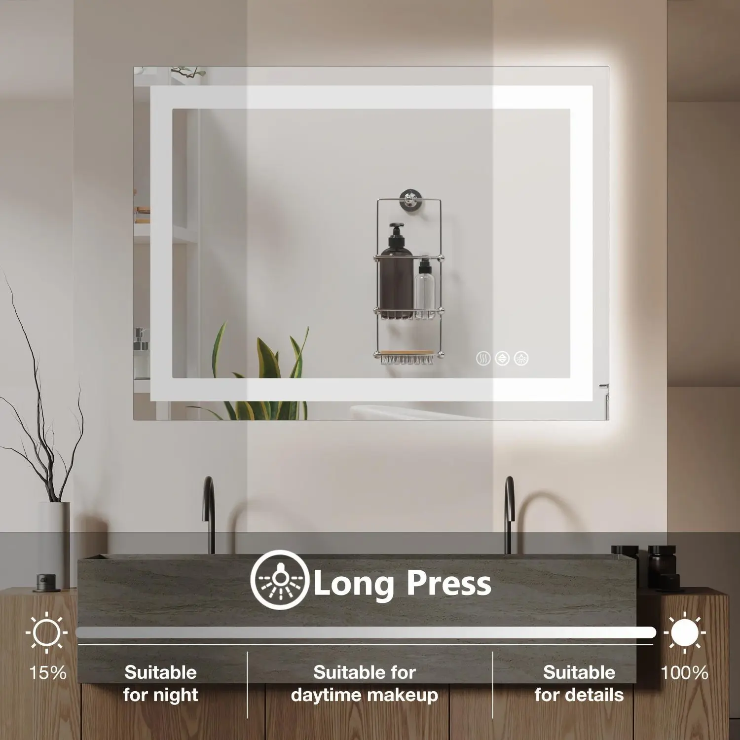 1-Piece Rectangular LED Bathroom Mirror - Anti-Fog, Dual Light Source, 3 Dimmable Lighting Modes, 3-Color Vanity Mirror, Wall-Mounted (Horizontal/Vertical), Led Mirror