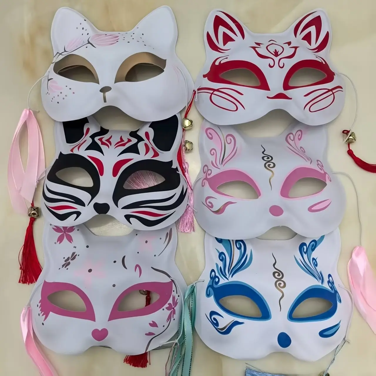 6-Piece Halloween Mask Set, Cat Face Masquerade Masks, Fox Mask for Women, Hand-Drawn Anime Role Play Masks, Lightweight Fantasy Masks