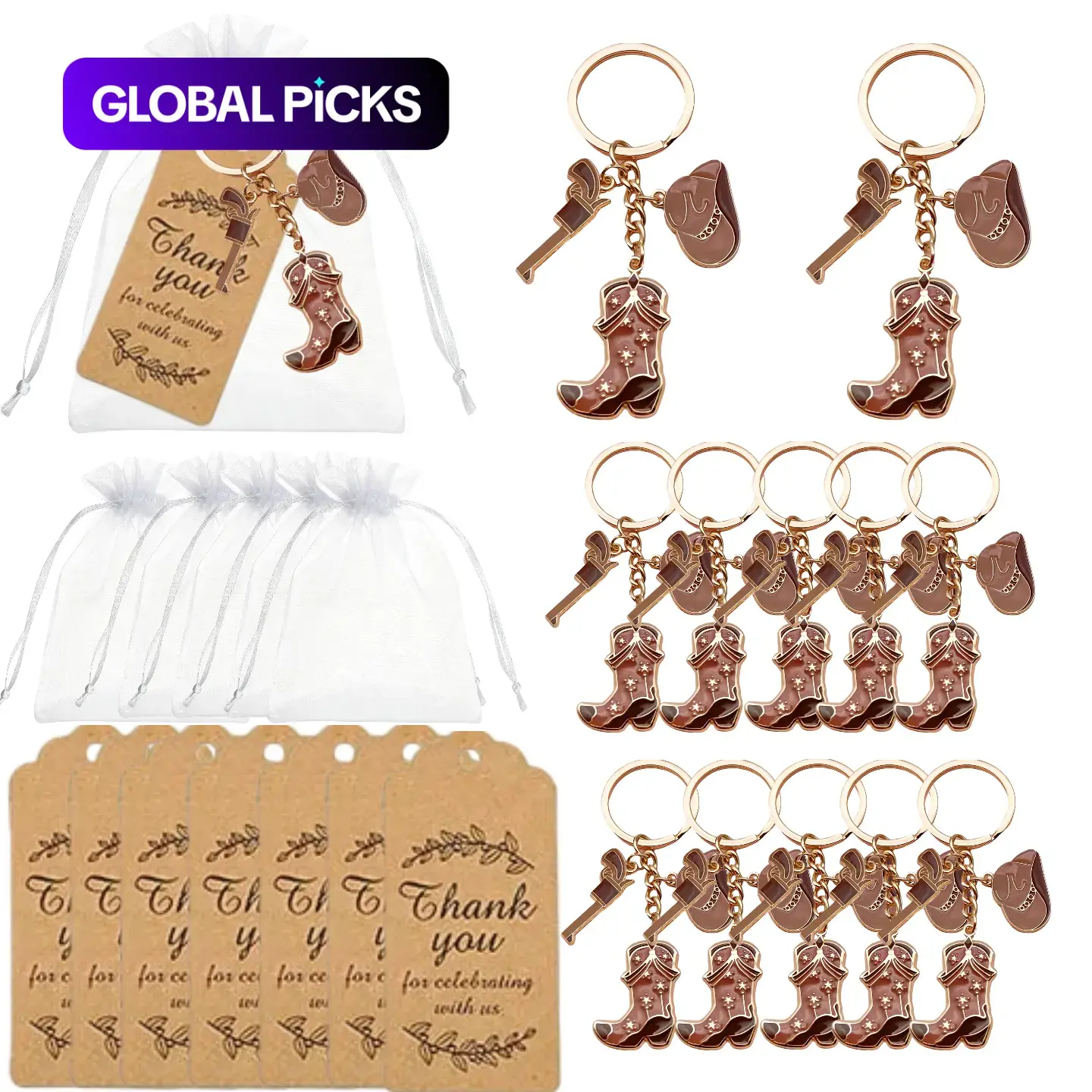 36pcs Western Cowgirl Zinc Alloy Keychain Set, Denim Style Party Favors with Hats & Boots, Cute Country Star Boot Hat Keychains, Keychain Accessories, Cute Keychains For Car Keys, Includes 12 Thank Cards #GLOBAL PICKS