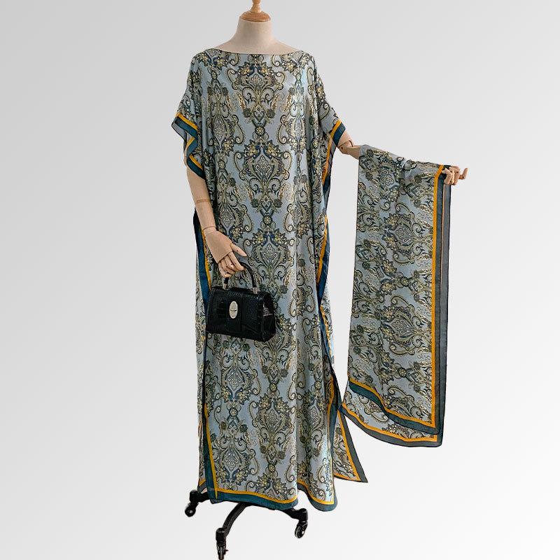 Women's Peacock Print Cape Shawl & Scarf Set, Elegant Beach Cover-Up For Holiday Vacation, Swimsuit Cover Up