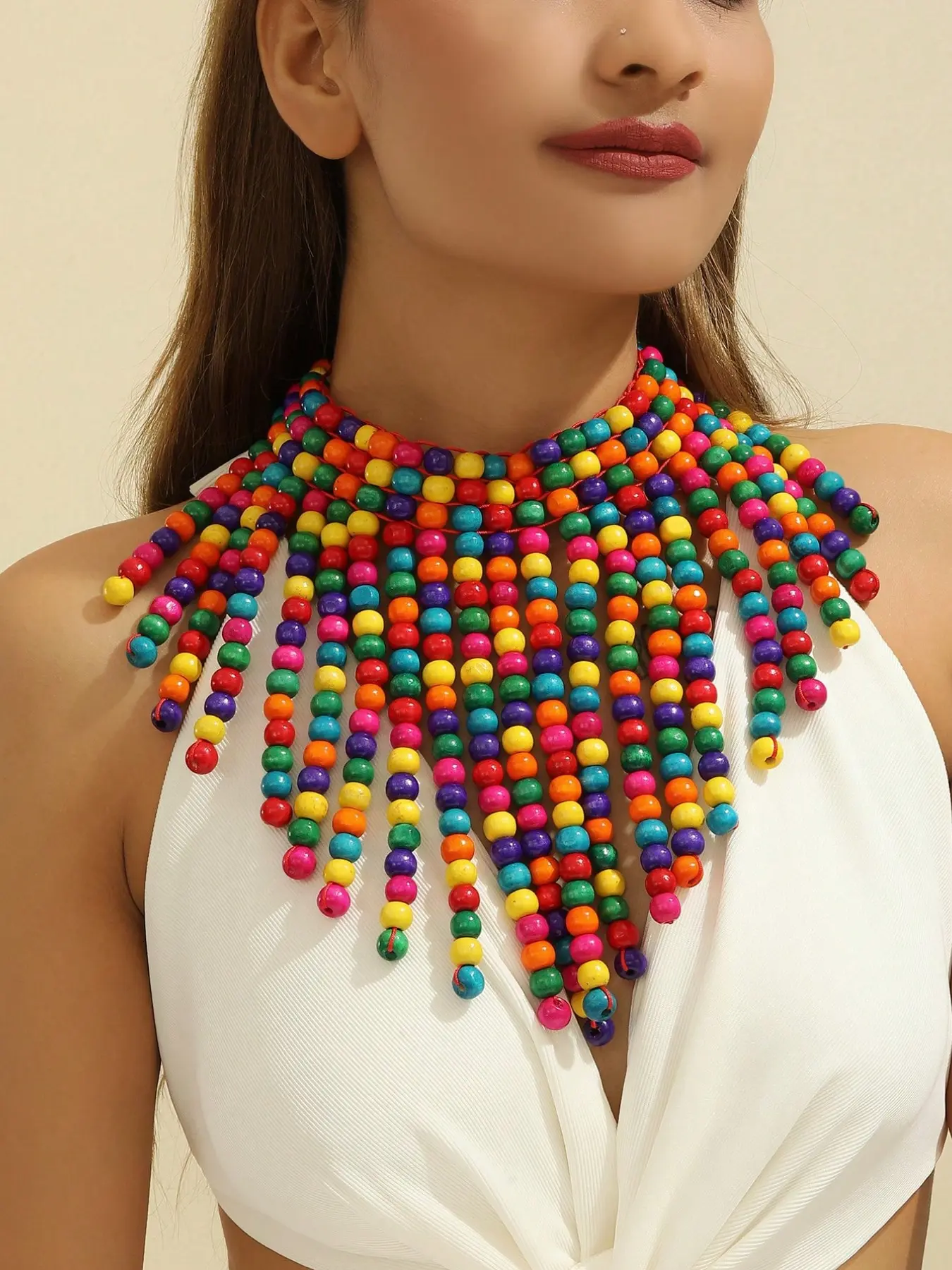 Ethnic Flair Multilayer Rainbow Tassel Wood Bead Wraparound Boho Style Necklace - Eye-Catching Accessory for Resort and Banquet Events