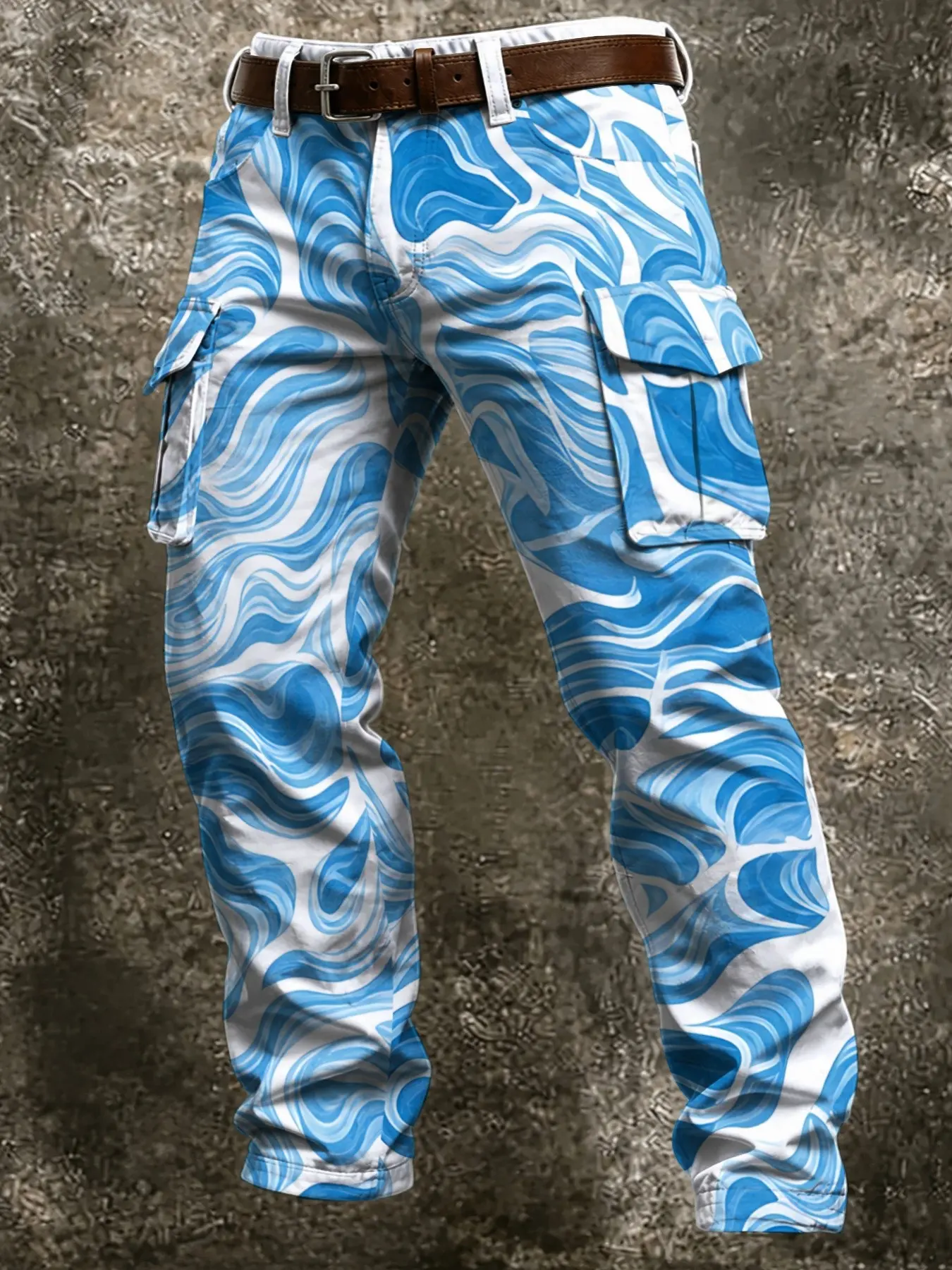 Abstract Marble Swirl Full Print Cargo Pants, Fresh Ocean Style Vacation Streetwear, Multi-Pocket Long Trousers, Casual Fitted Design