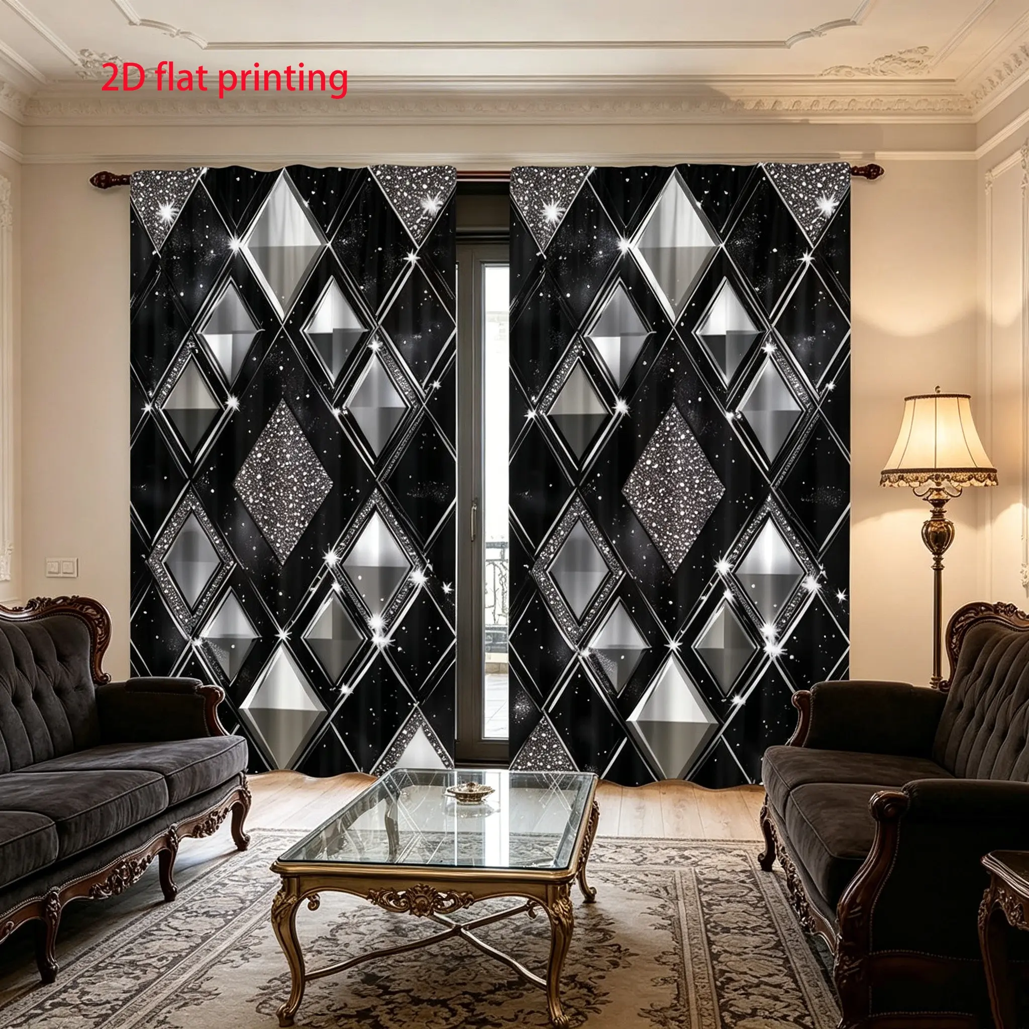 2-Piece set, black silver glitter diamond print curtains, window drapes, Home Decorative Curtain, diamond pattern design, half-blackout rod pocket design, suitable for bedroom, living room, office home decoration