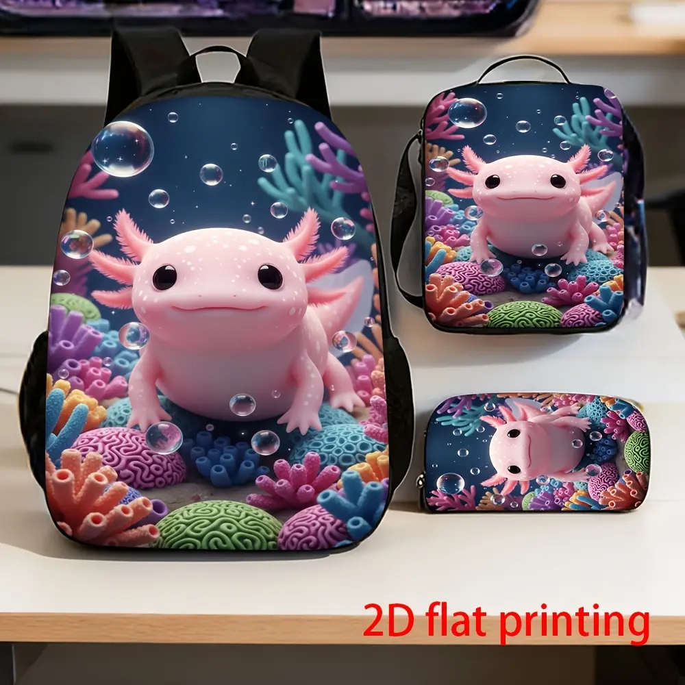 3pcs Cute Pink Coral Theme Axolotl Printed Fabric School Size Backpack Set, Retro Chic Organized Slot Backpacks for Students, Ideal for Daily Travel & Outdoor Activities
