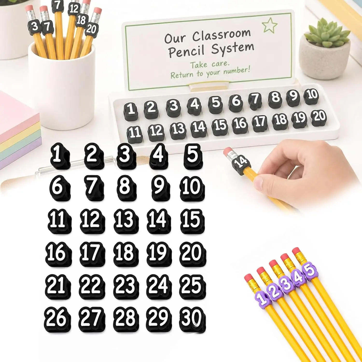 Numbered Pencil Toppers,30 PCS, Reusable Classroom Pencil Labels, Number Pencil Toppers for Classroom Organization and Supply Tracking Station (Numbers 1-30)