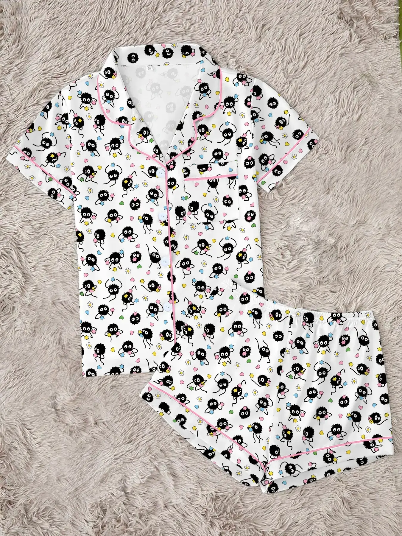 Women's Cartoon Print Pajama Set, Pajamas Sets, Comfortable Two-Piece Set, Short Sleeve Button-Up Top and Elastic Shorts, Casual Home Wear, Loungewear, Nightwear, Pjs, Party Gift