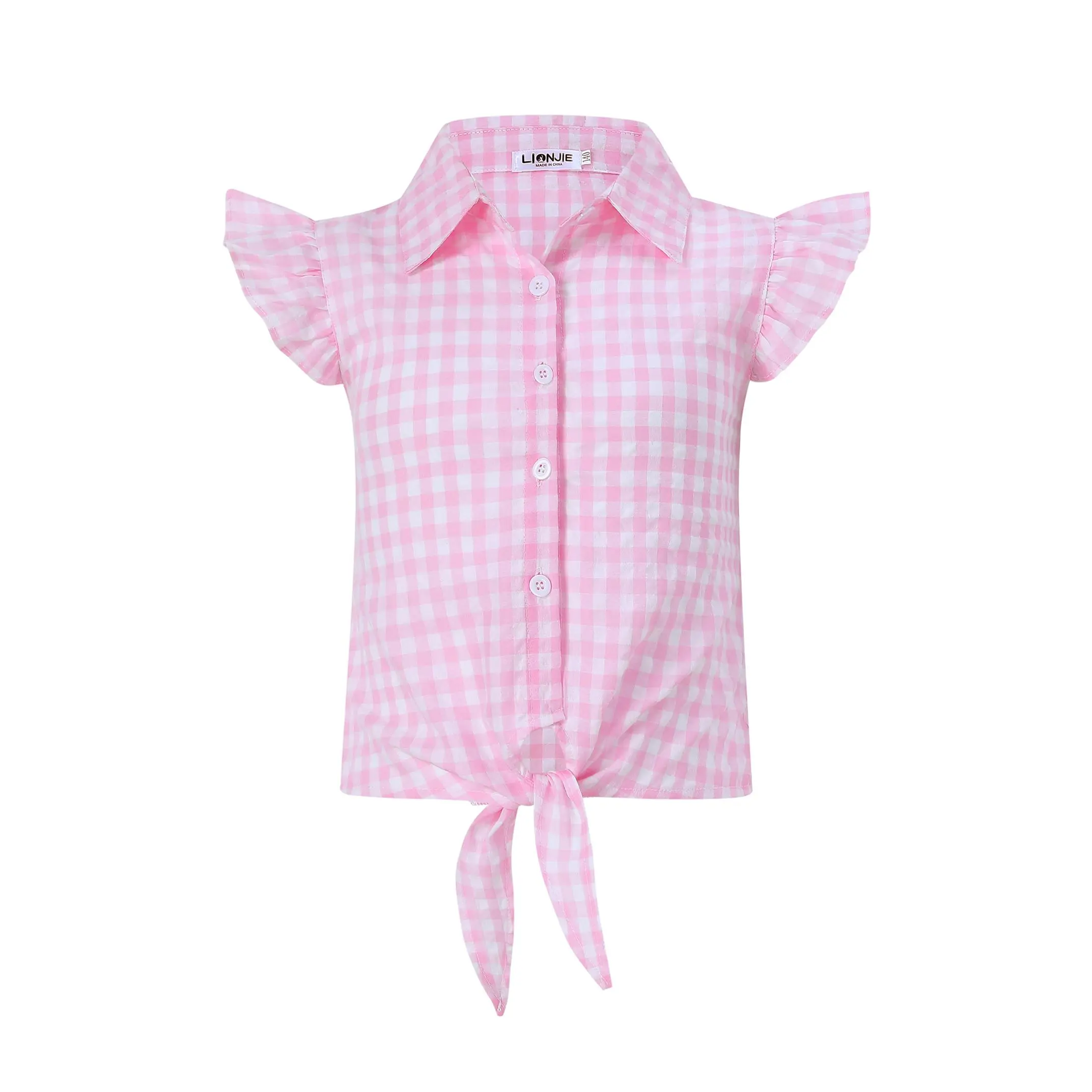 Girls' Tie Front Shirt - Summer Ruffle Flutter Sleeve Button Down Blouse, Casual Gingham Plaid & Floral Print Cotton-Feel Vacation Tops GSB
