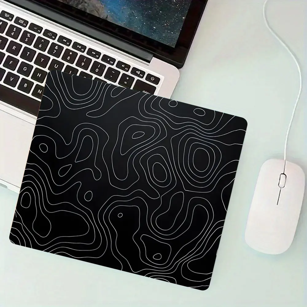 Minimalist Black Topographic Contour Small Square Mouse Pad, Stitched Lockedge Rubber Anti-Slip Protective Desk Mat, Ideal for Gamers, Office Workers & Home Desktop Decor, Office Supplies