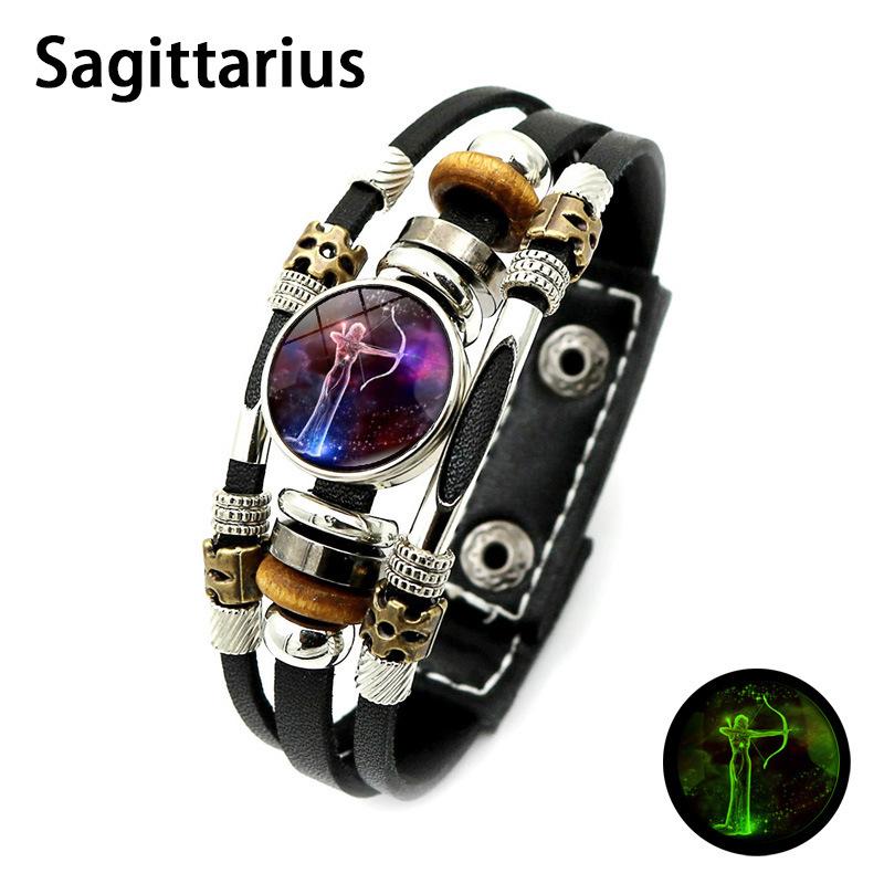 New Twelve Zodiac Signs Luminous Leather Bracelet Vintage Punk Multi-layer Woven Beaded Bracelet Jewelry