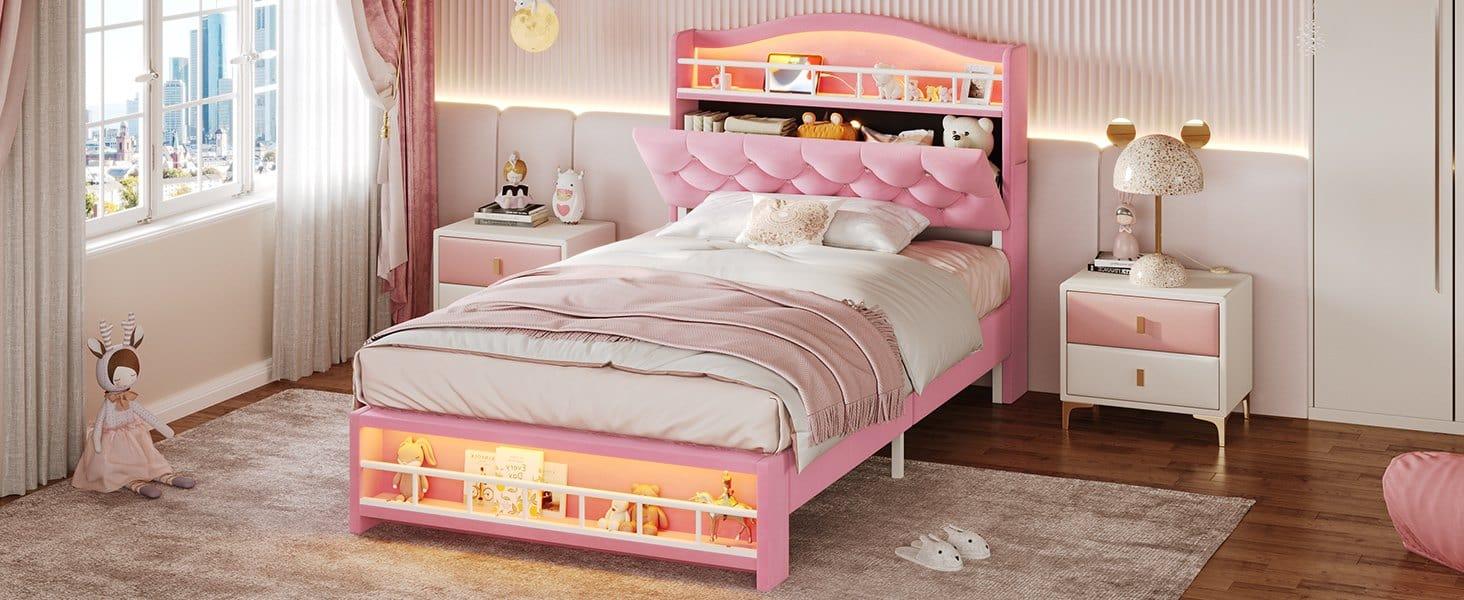 Sikaic Twin Size Princess Velvet Upholstered LED Bed Frame Pink Headboard & Storage Charging Station with RGB Lighting & 2 Outlets for Kids Sikaic Twin Size Princess Velvet Upholstered LED Bed Frame Pink Headboard & Storage Charging Station with RGB Lighting & 2 Outlets for Kids
