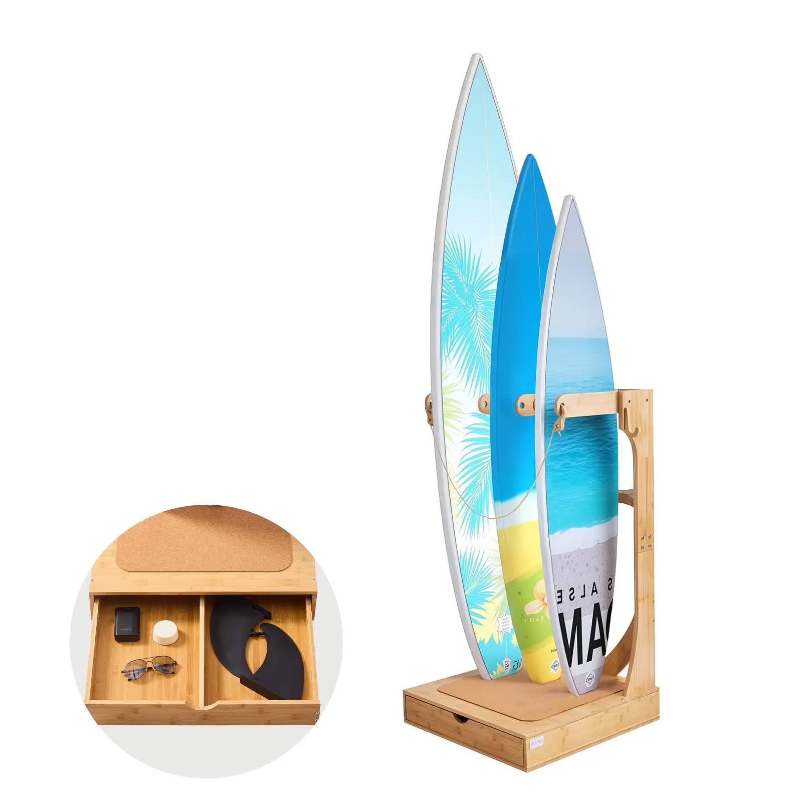 VEVOR 3-Tier Natural Wood Vertical Surfboard Stand - Board Storage Organizer, 23.62in Freestanding, Safety Drop Rope, Smooth Surface, Cork Padding, Hanging Hooks, Sturdy & Reliable, Holds 35.05Lbs, Versatile for Various Boards