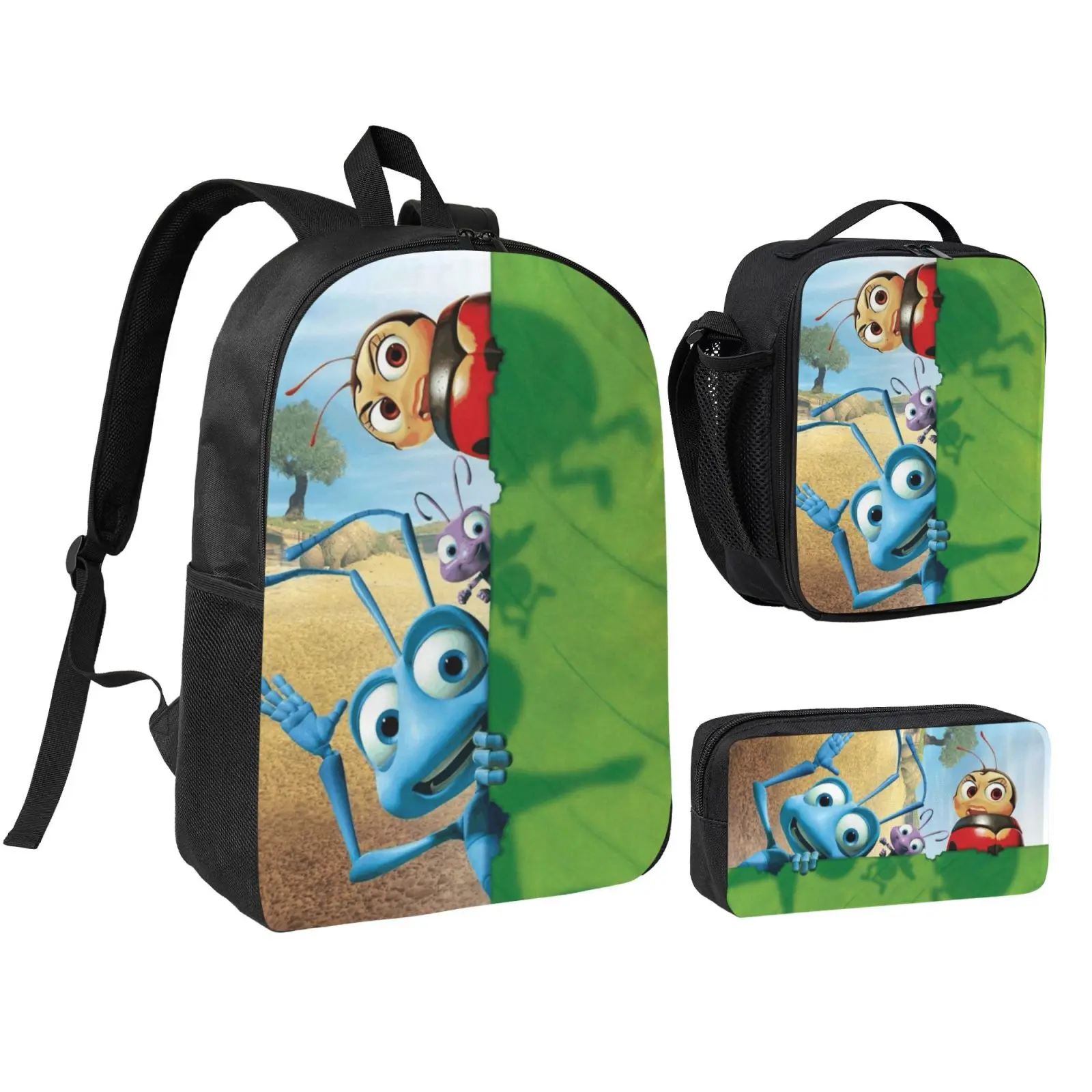 Anime Bug3 backpack with lunch bag pencil box for Teen Girls Boys, 3pcs kids school bag with adjustable straps, office travel bag Bookbag lunchbox