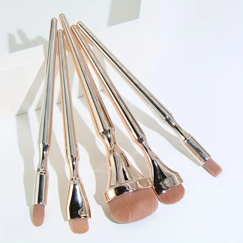 5 Piece Rose Gold Makeup Brush Set with Drunken Style Handles for Full Face Makeup Application - Ideal for the Novice