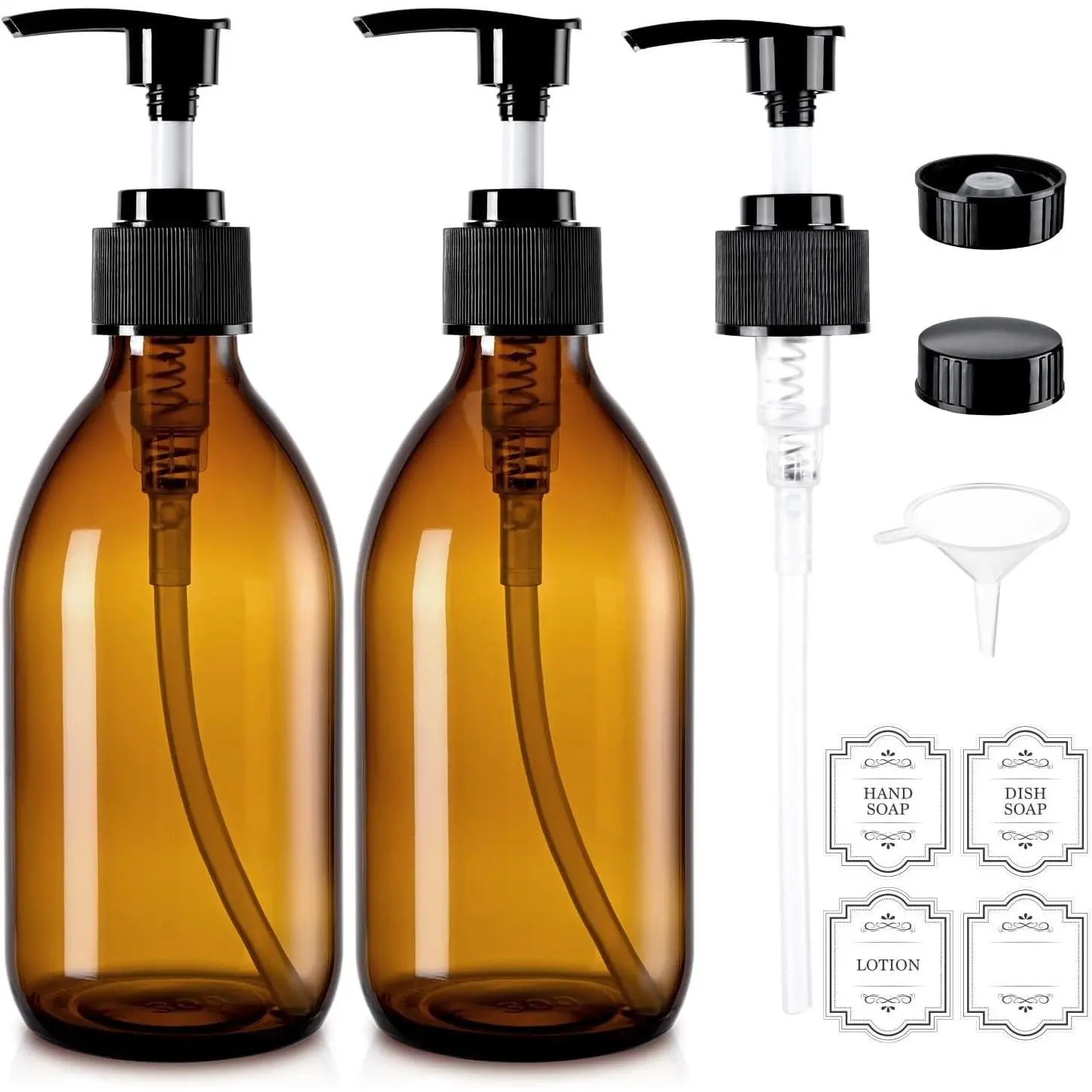 10 oz Small Amber Glass Soap Dispenser with Pump, Glass Pump Bottle for Lotion Body Oil, 300ml Hand and Dish Soap Dispensers Set with Storage Caps, Labels - 2 Pack
