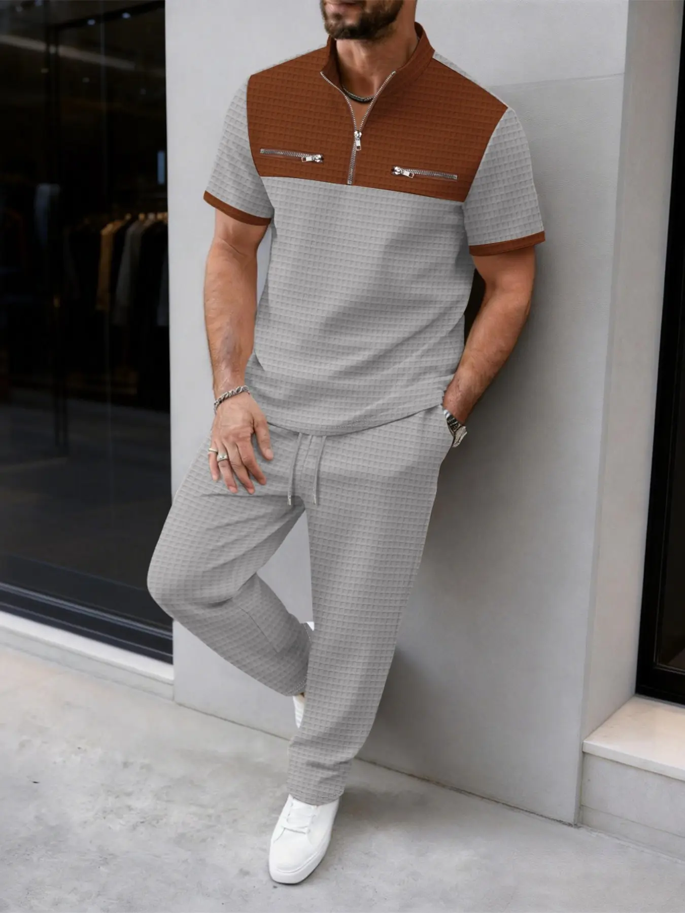 Men's 2-Piece Set, Summer Contrast Half-Zip Stand Collar Suit, Waffle Texture Short Sleeve Drawstring Long Pants, Casual Sportswear, Casual Sportswear Outfit