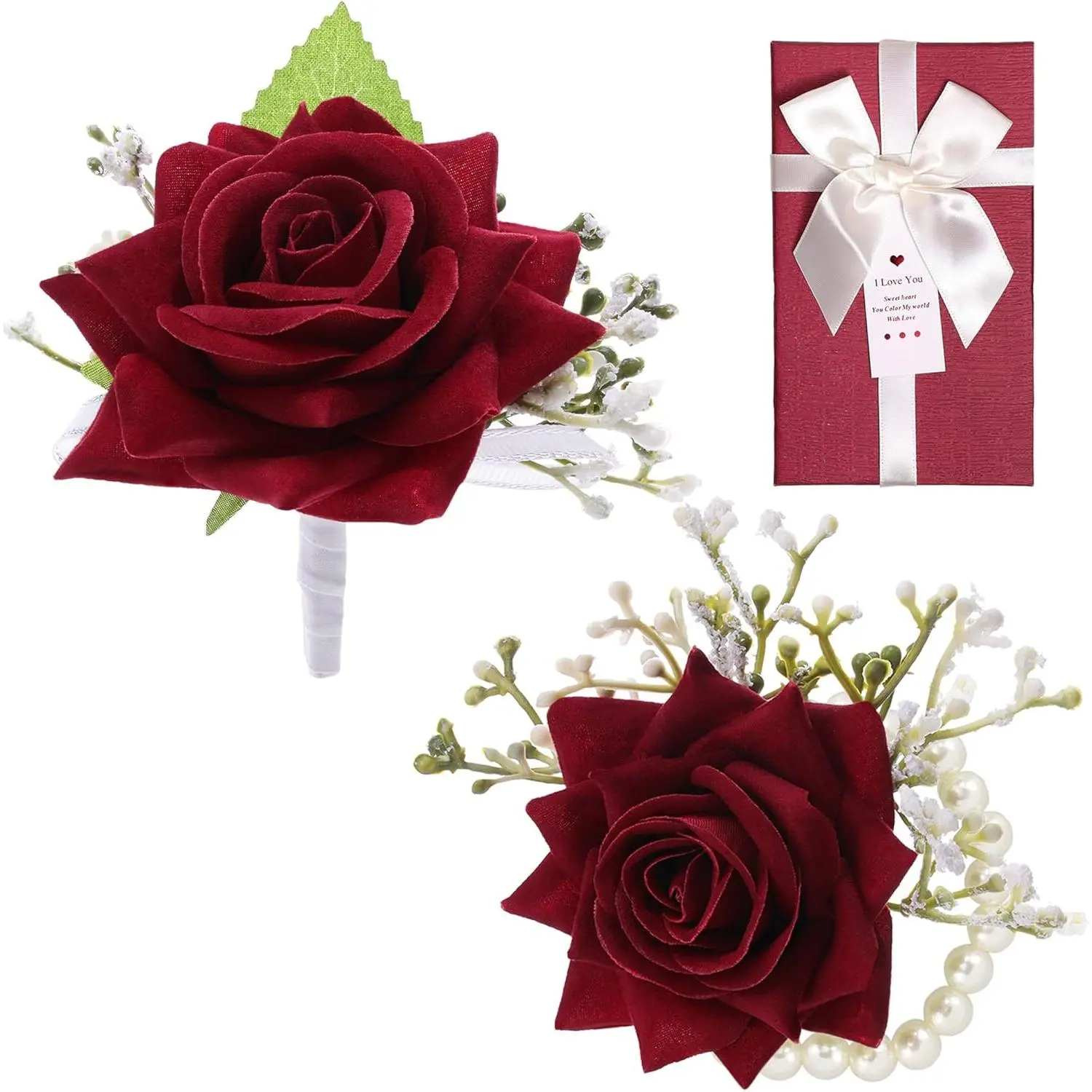 2-Piece Red Rose Corsage and Boutonniere Set, Handmade Silk Formal Flowers for Partner, Wrist Corsage & Pin for Wedding Prom in Gift Box, Silk Fabric, Ceremony, Funerals, Unisex, Handcrafted, Memorial Day Events, 100% Handmade, 2.7Inches X 2.7Inches