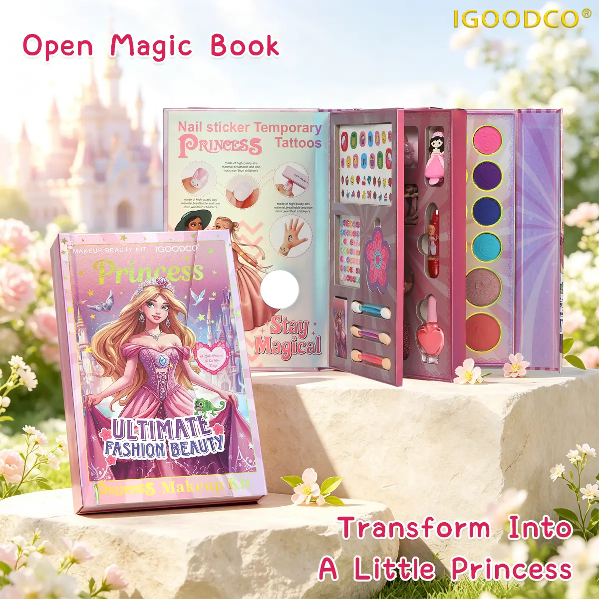 IGOODCO (IG3331) Princess Theme Non-Toxic Washable Children's Makeup Kit - Complete Set with Nail Stickers, Hair Accessories, Bracelets for Little Girls' Birthdays, Christmas