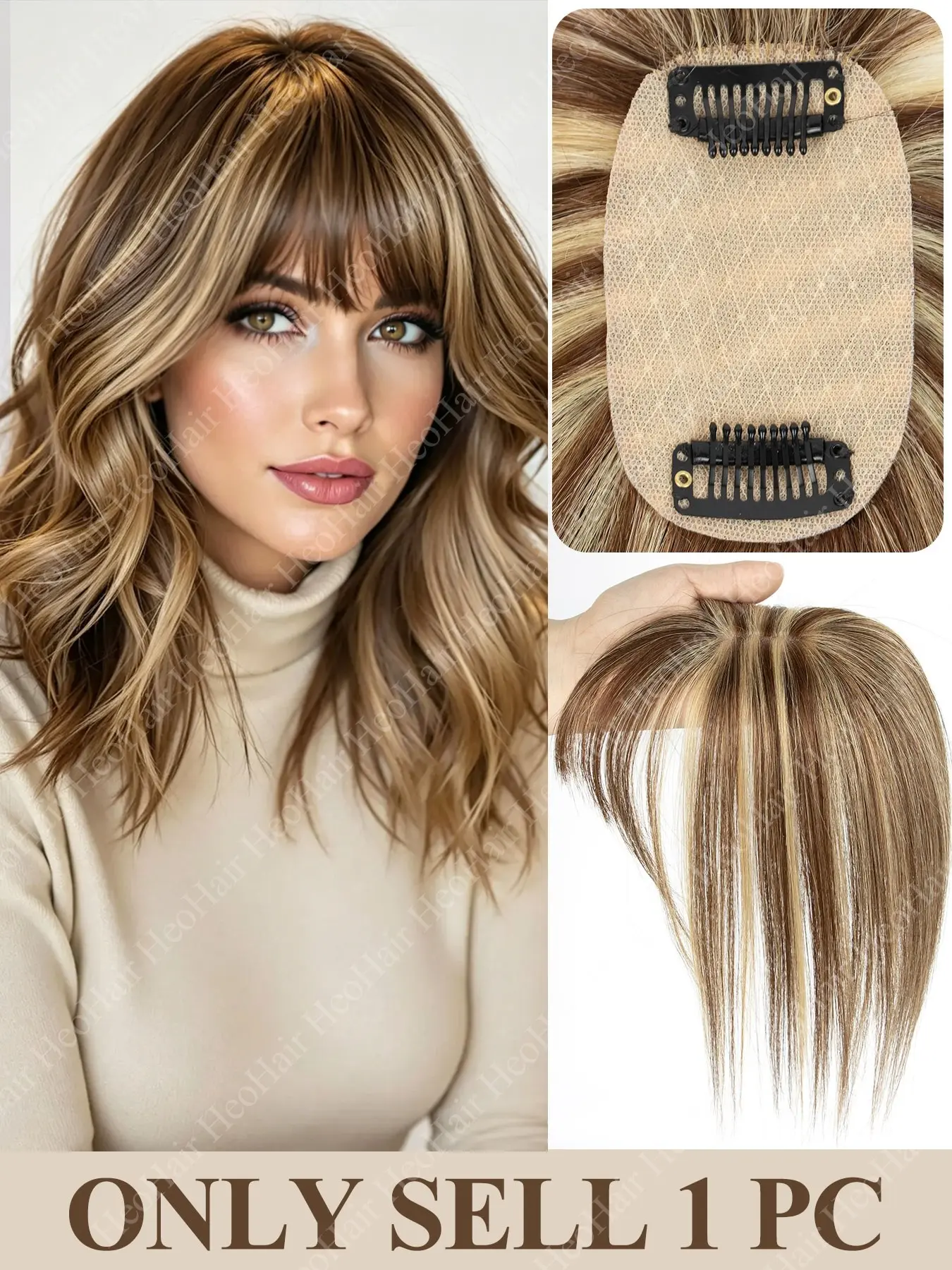Women's Real Human Hair Topper, 5x9cm Natural Straight Hair Piece, 2 Clip In, Center Part, Thinning Hair Bangs, Easy to Use, Hairpieces