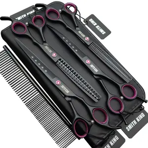 7.0 inches Black Professional Dog Grooming Scissors Set Straight & thinning & Curved & chunkers 4pcs in 1 Set with Comb