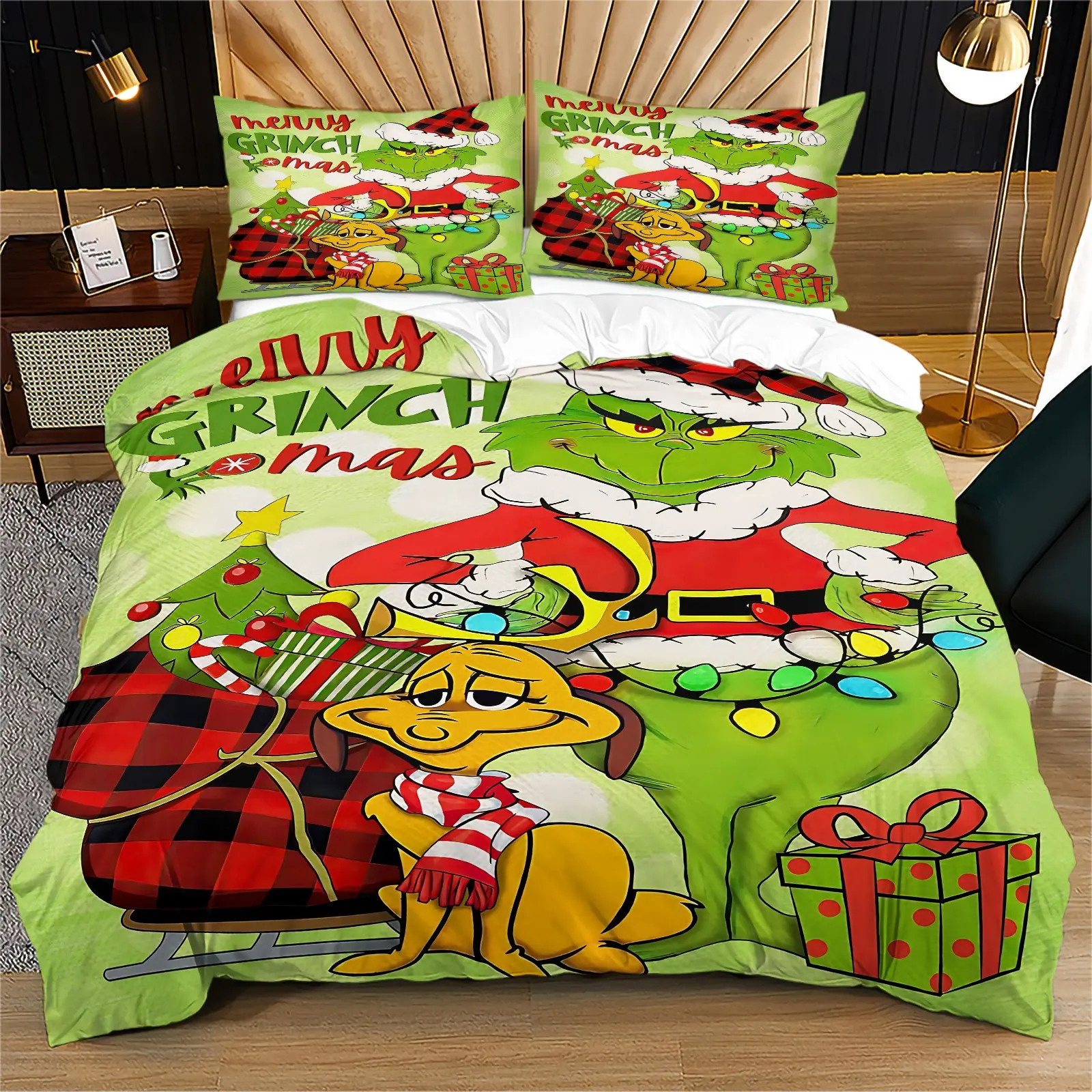 Green Fur Monster Pattern Duvet Cover Set, Christmas Bedding Set, Including 1 Duvet Cover And 1 Or 2 Pillowcases, Excluding Quilt Core And Pillow Core, Suitable For Teenagers And Adults, Dormitory, Apartment, Bedroom Decoration