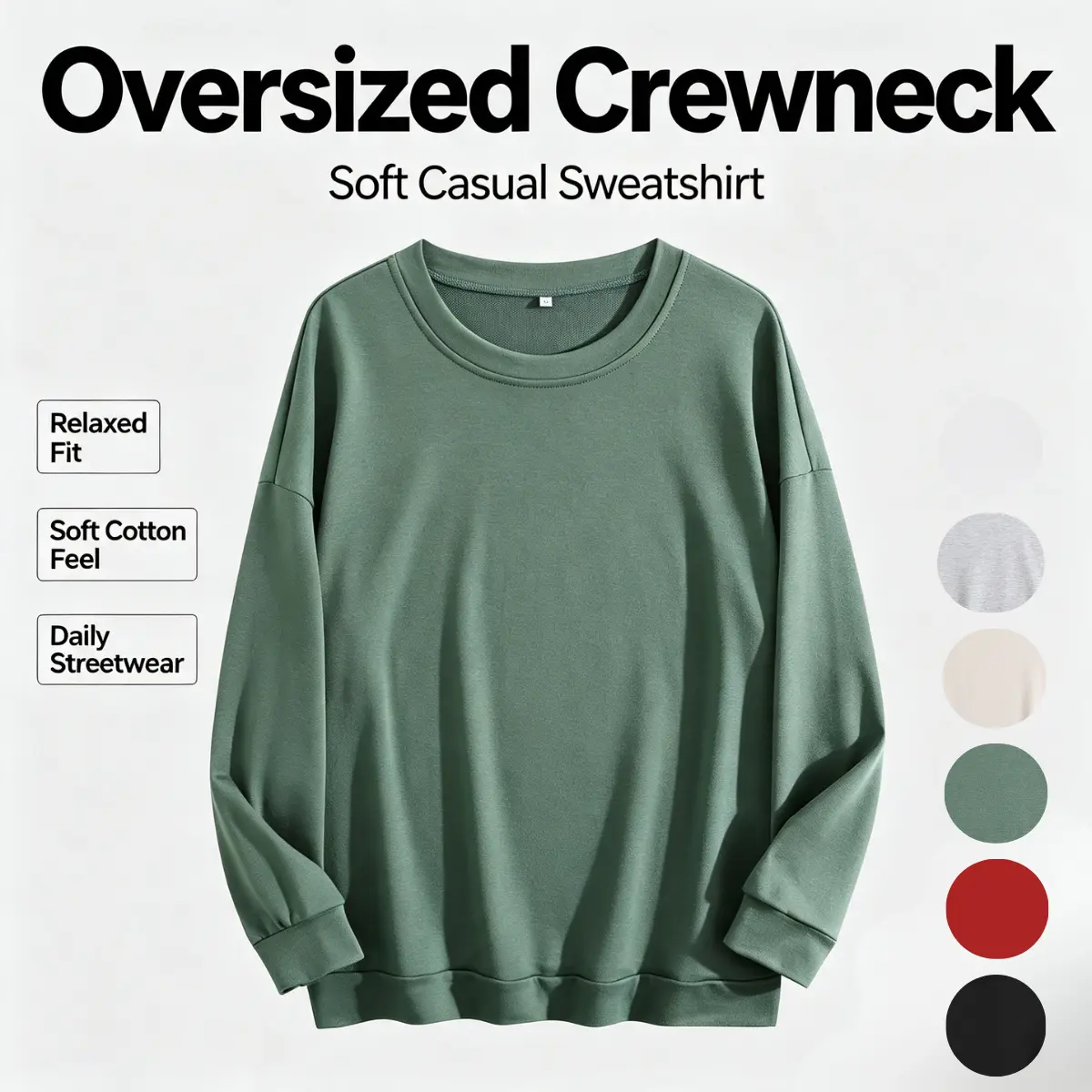Women's Oversized Crewneck Sweatshirt, Casual Solid Long Sleeve Pullover Top, Chic Relaxed Fit Drop Shoulder Style in Polyester Spandex Fabric
