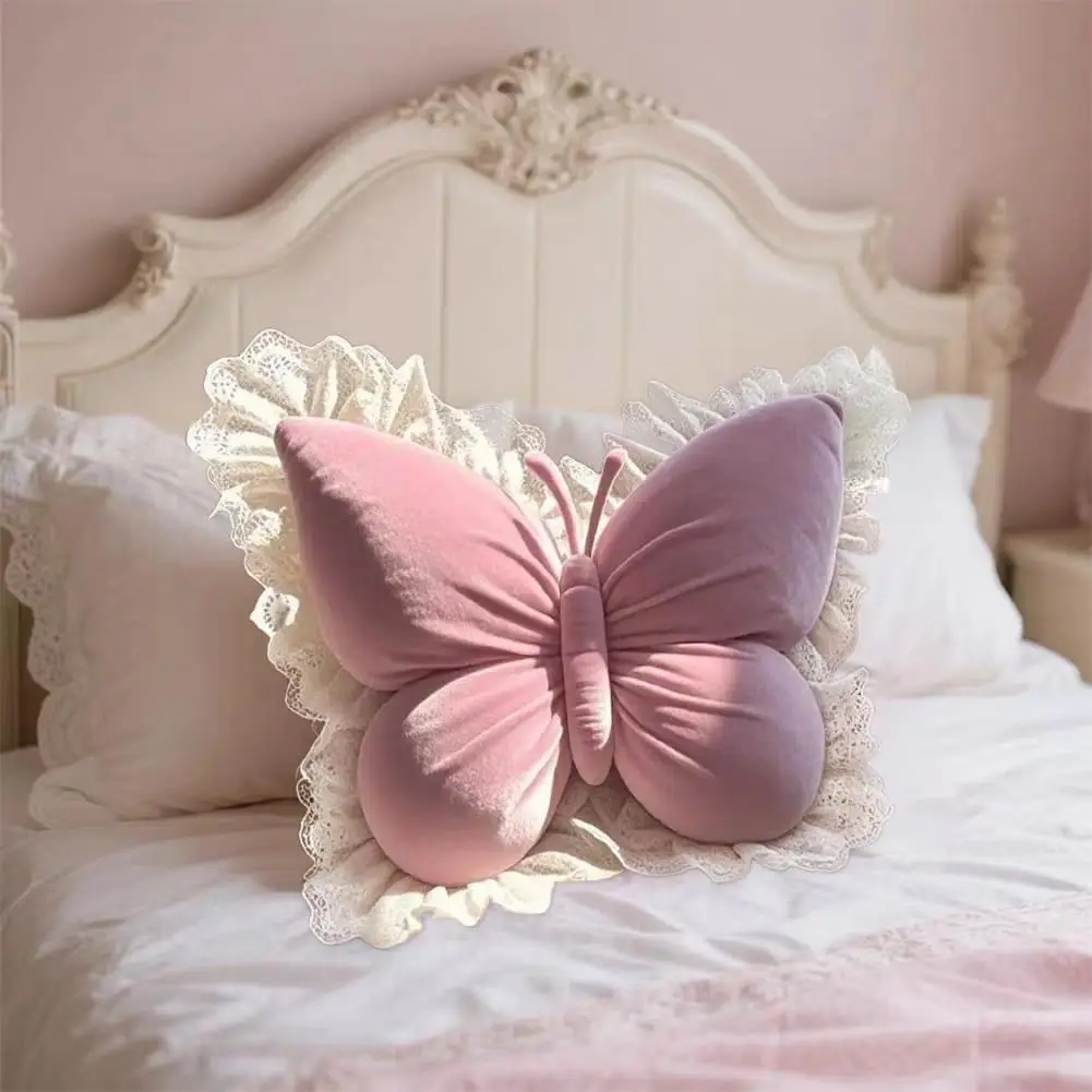 Large 3D Velvet Princess Butterfly Pillow with Lace Trim - Decorative Soft-Fill Farmhouse Home Decor, Versatile for Living Room Sofa, Ideal Birthday & Housewarming Gift for Home Supplies