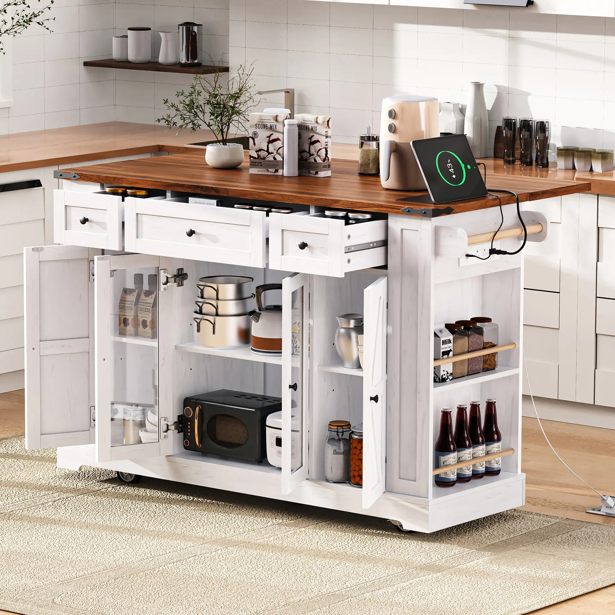 ARCH MDF Laminate Farmhouse Kitchen Island - Single Unit, Rectangular, Rolling Wheels, Power Outlet, Drop Leaf, 3 Drawers, 2 Tempered Glass Doors, 5 Open Racks, White, 53x29.5x36in, for Kitchen Dining Room Storage, Classic/Luxury Style, 53X29.5x36"