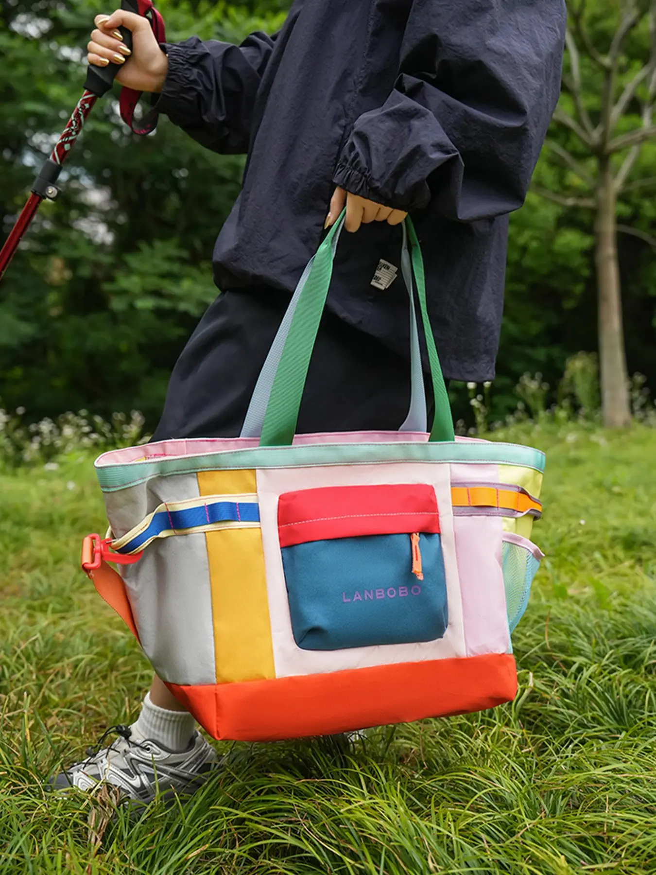 1pcDopamine color blocking multi pocket large capacity tote bag for outdoor camping, hiking, commuting, daily travel, hand-held shoulder bag Colorblock Pattern Bag