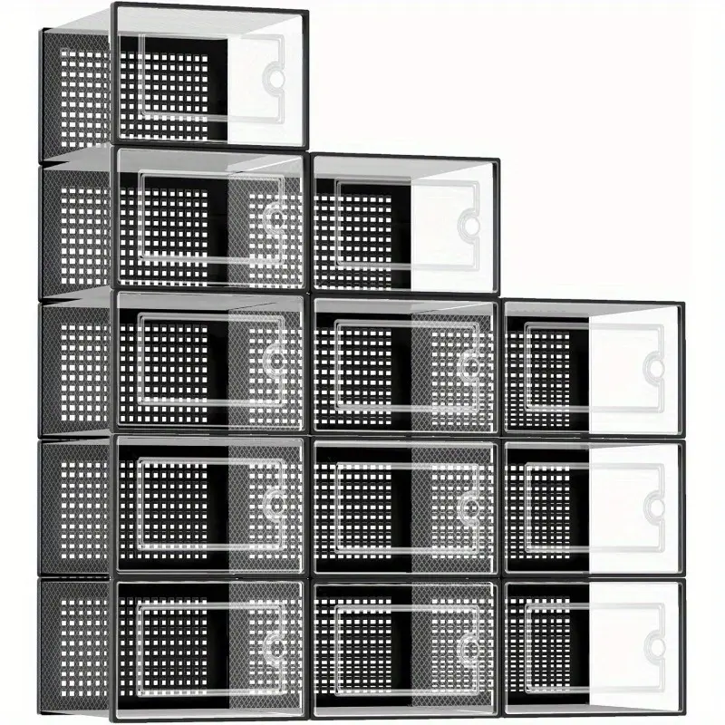 Pack of 12 Extra Large Clear Stackable Shoe Boxes - Durable Shoe Rack Storage Boxes, Large Shoe Cabinet Replacements, Portable and Reusable Foldable Storage Boxes, Easy to Assemble and Disassemble